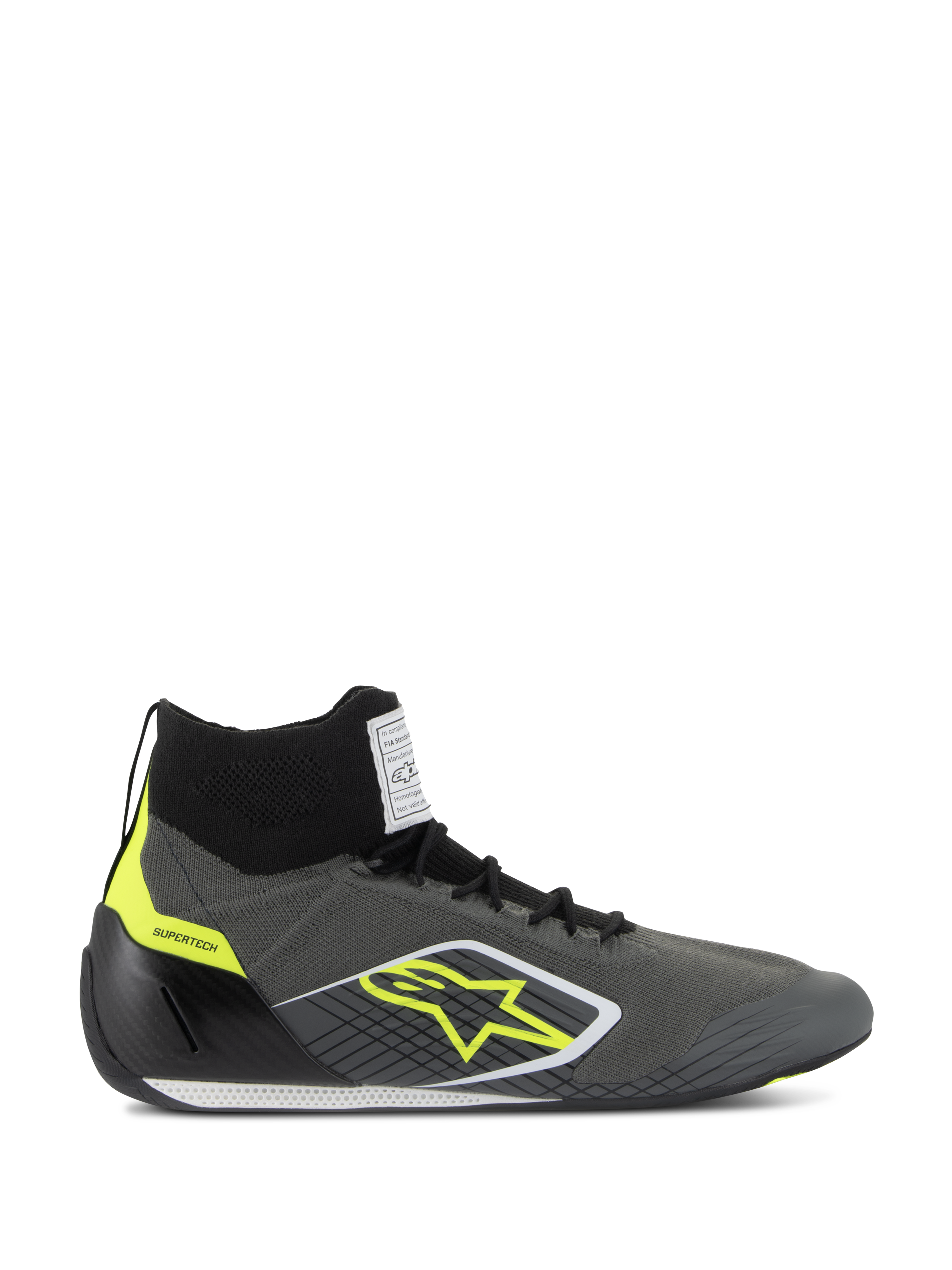 Alpinestars Supertech-schoenen FIA/SFI, professionele hoge raceschoenen, Cool Gray en zwart met neongele accenten, voorzien van een gebreid aramide bovenwerk, carbonfiber hielkap, geel sterlogo en een dunne wit-zwarte zool, gecertificeerd motorsport-schoeisel