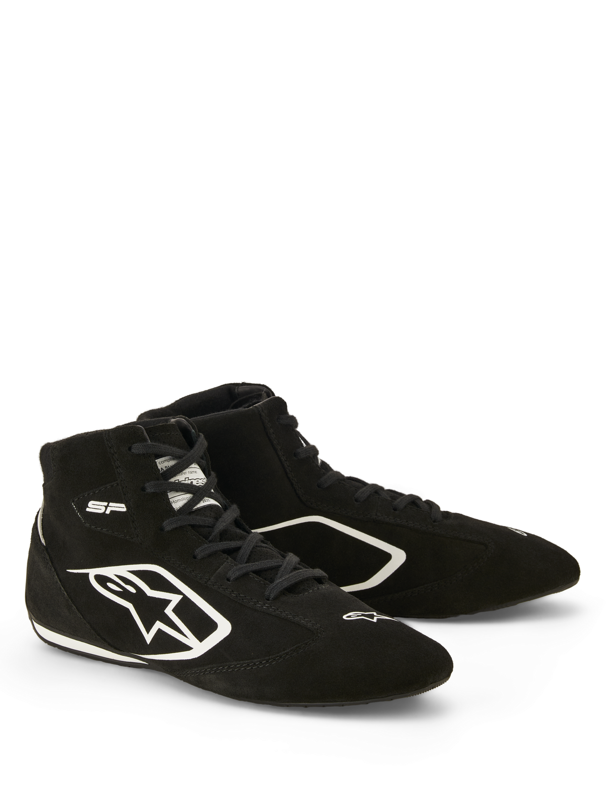 Alpinestars SP V3 FIA schoenen, autoraceschoenen, zwart en wit, premium suède constructie, met wit Astars-logo op de zijkant en dunne race-spec zool voor verbeterd pedaalgevoel