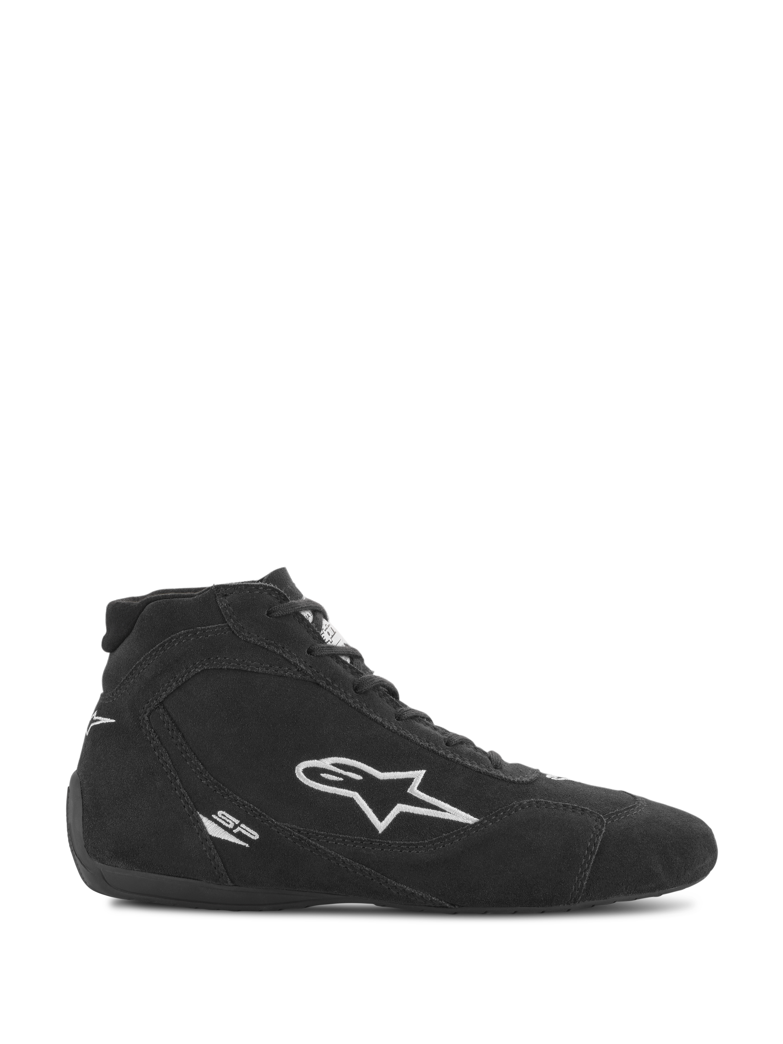 Alpinestars SP V2 schoenen, autosport schoeisel, zwart suède met wit Alpinestars sterlogo, hoog model, vetersluiting, ultradunne racezool, gestroomlijnd motorsportontwerp
