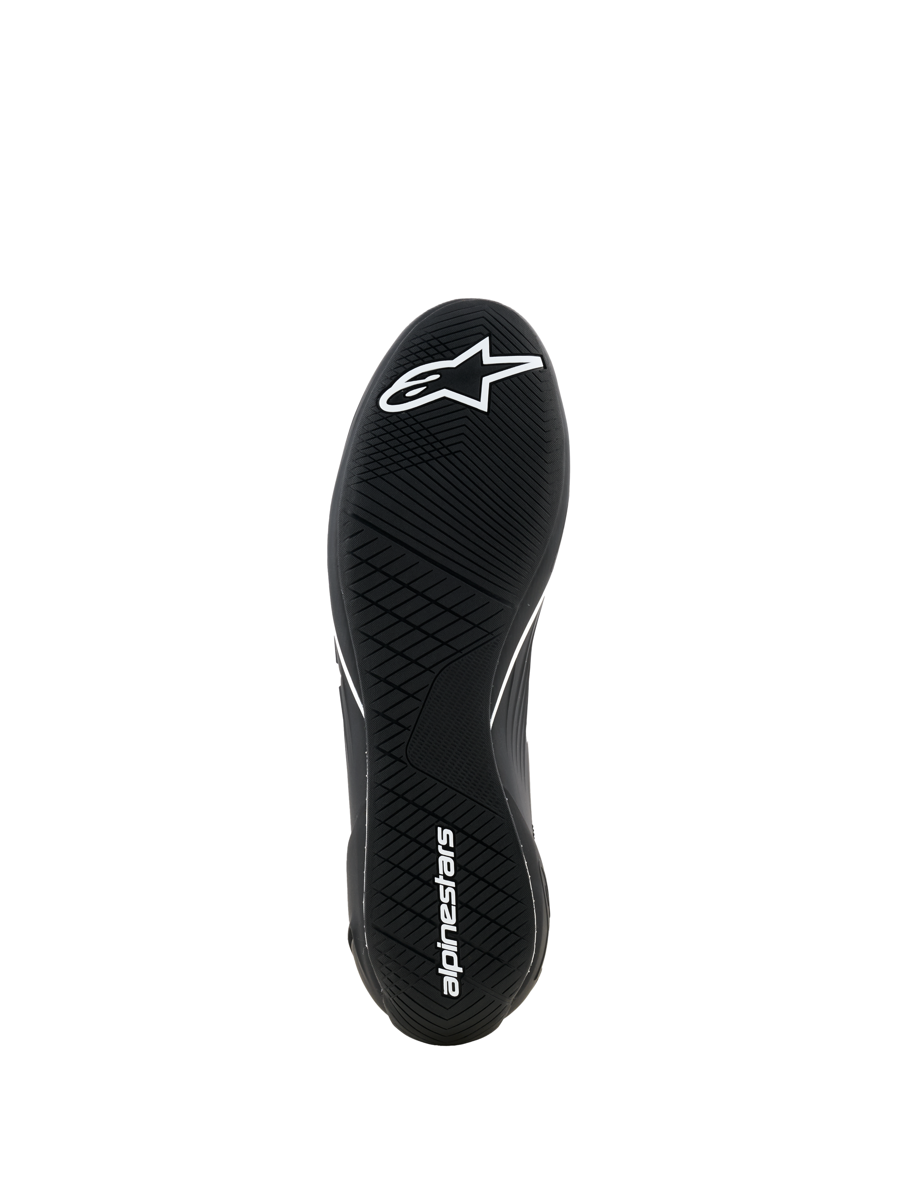 Alpinestars Supertech K Shoes - FIA, Karting Shoes, Black, bottom view showing the ultra-thin rubber outsole with asymmetric tread, white star logo on the forefoot and white brand name on the heel, engineered for maximum pedal feel.