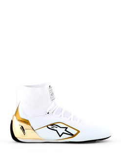 Alpinestars Supertech K Shoes - FIA, White and Gold Karting Shoes, high-top design with fully knitted upper, metallic gold TPU heel counter, black Alpinestars star logo, ultra-thin racing sole, professional FIA certified footwear