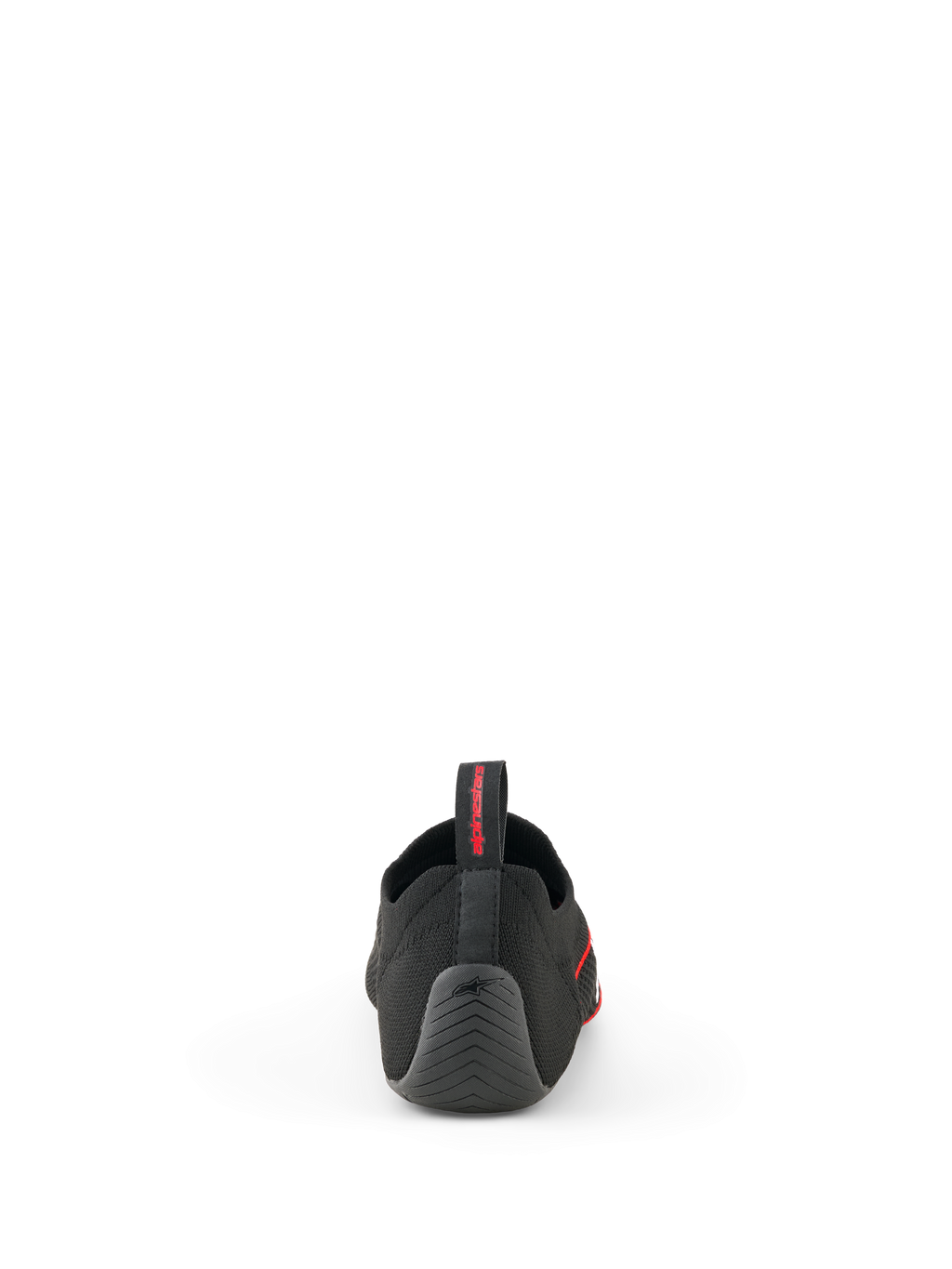 Alpinestars Tech Gaming Shoes, zwart, achteraanzicht met het naadloos gebreide bovenwerk, getextureerde rubberen hiel met ster-logo en treklus aan de achterzijde met rode branding, SIM-racing schoeisel