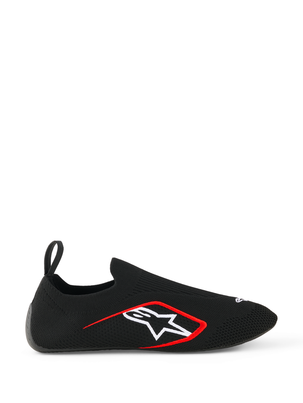Alpinestars Tech Gaming Shoes, sim-raceschoenen, zwart, zijprofiel met naadloos gebreid stretchbovenwerk, wit Alpinestars sterlogo met rode rand, treklus aan de achterzijde, sokachtige pasvorm voor virtueel racen