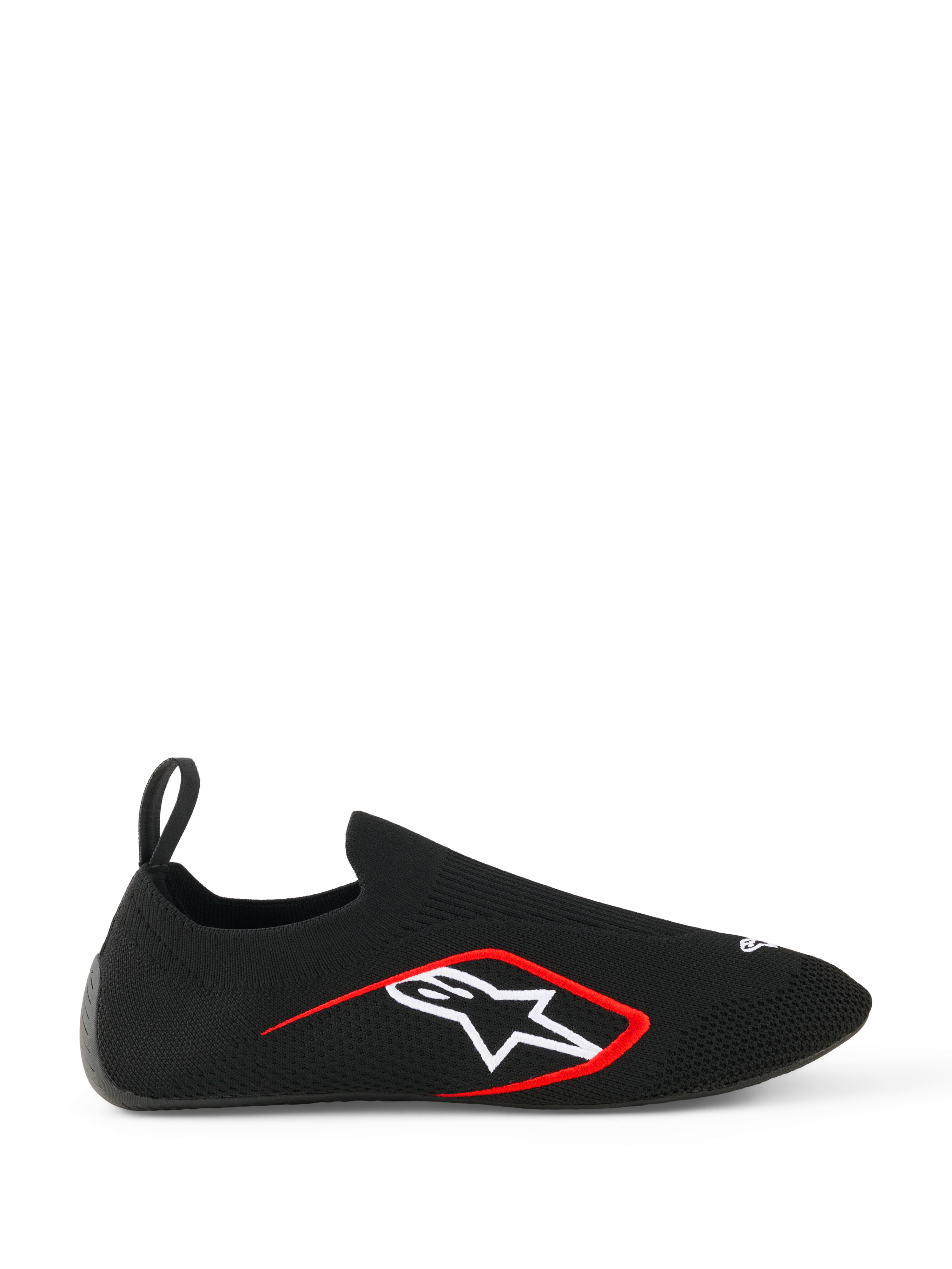 Alpinestars Tech Gaming Shoes, sim-raceschoenen, zwart, zijprofiel met naadloos gebreid stretchbovenwerk, wit Alpinestars sterlogo met rode rand, treklus aan de achterzijde, sokachtige pasvorm voor virtueel racen