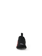 Alpinestars Tech Gaming Shoes, Sim-raceschoenen, zwart, vooraanzicht met een naadloos gebreid stretchbovenwerk, klein wit Alpinestars-logo op de neus, rood en wit logo aan de zijkant, lichtgewicht ontwerp voor pedaalgevoeligheid en comfort