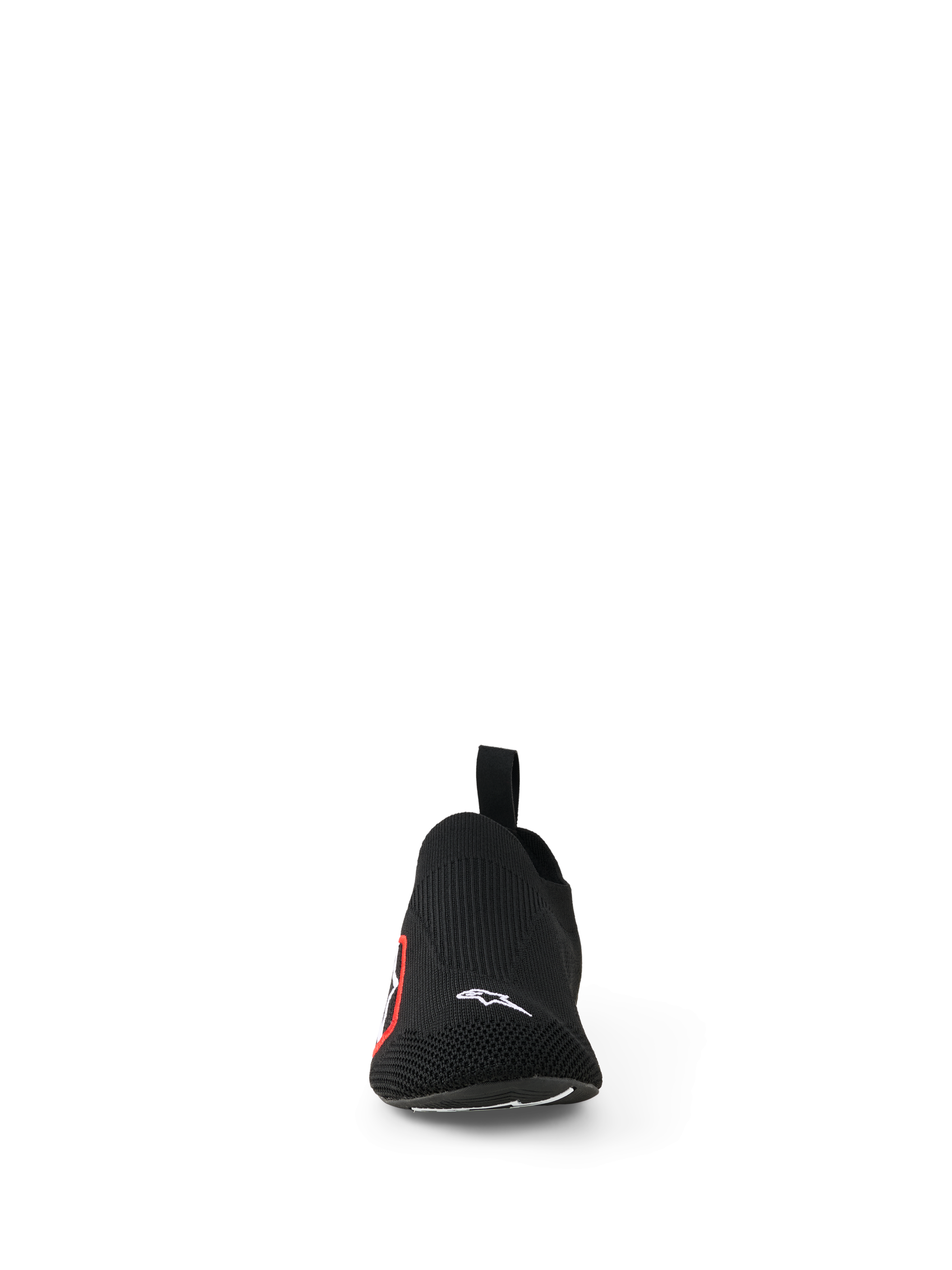 Alpinestars Tech Gaming Shoes, Sim-raceschoenen, zwart, vooraanzicht met een naadloos gebreid stretchbovenwerk, klein wit Alpinestars-logo op de neus, rood en wit logo aan de zijkant, lichtgewicht ontwerp voor pedaalgevoeligheid en comfort