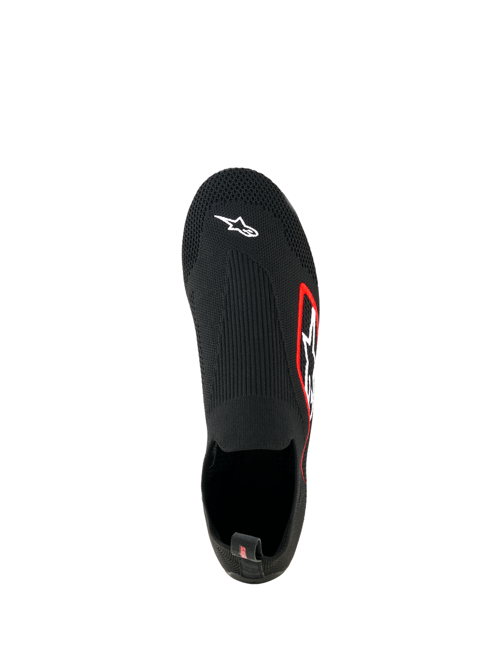 Alpinestars Tech Gaming Shoes, sim racing-schoenen, zwart, bovenaanzicht, naadloos gebreid stretch-bovenwerk met wit Astar-logo op de neus, logo met rode rand aan de zijkant, lichtgewicht sokachtig ontwerp