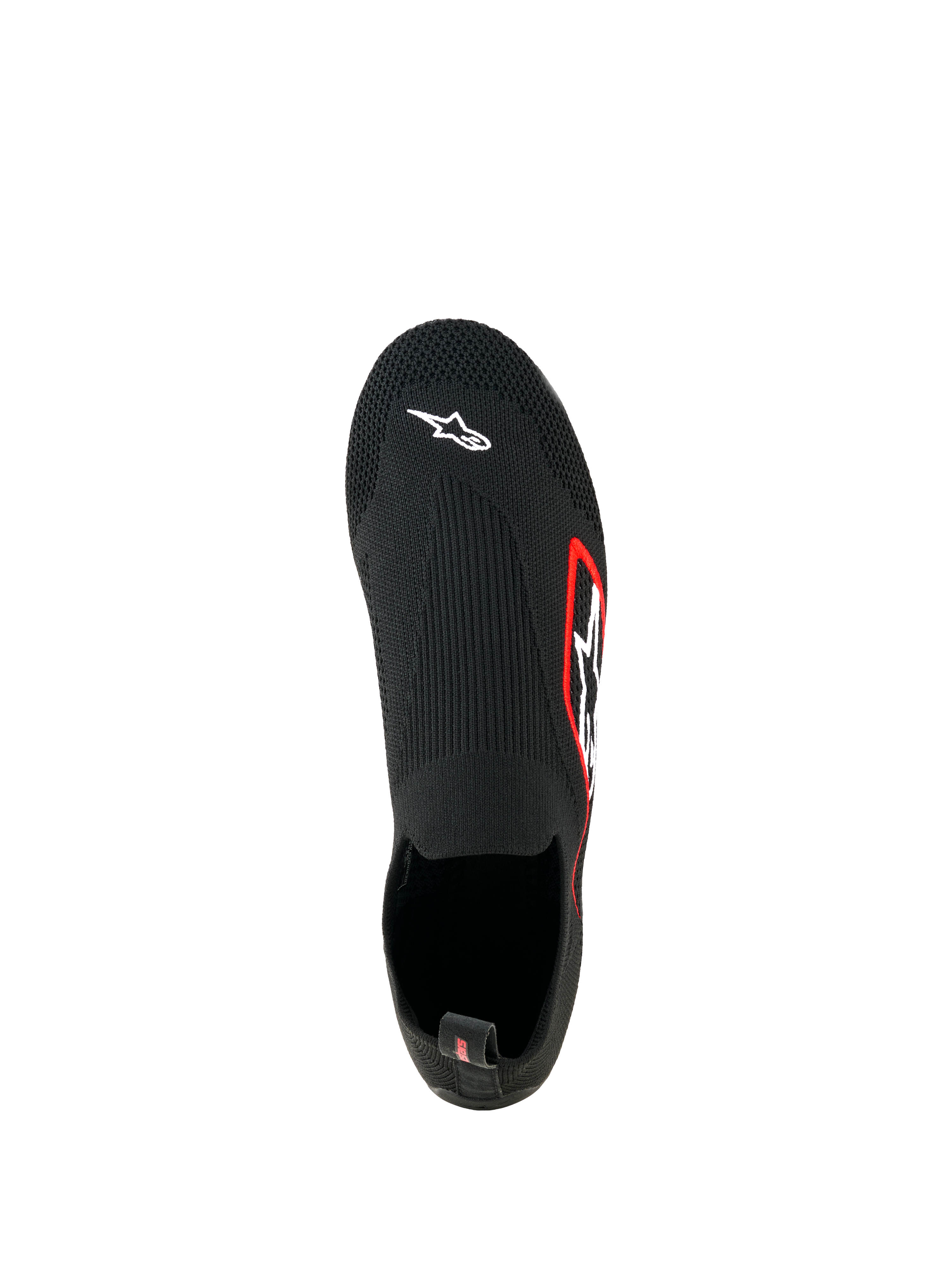 Alpinestars Tech Gaming Shoes, sim racing-schoenen, zwart, bovenaanzicht, naadloos gebreid stretch-bovenwerk met wit Astar-logo op de neus, logo met rode rand aan de zijkant, lichtgewicht sokachtig ontwerp