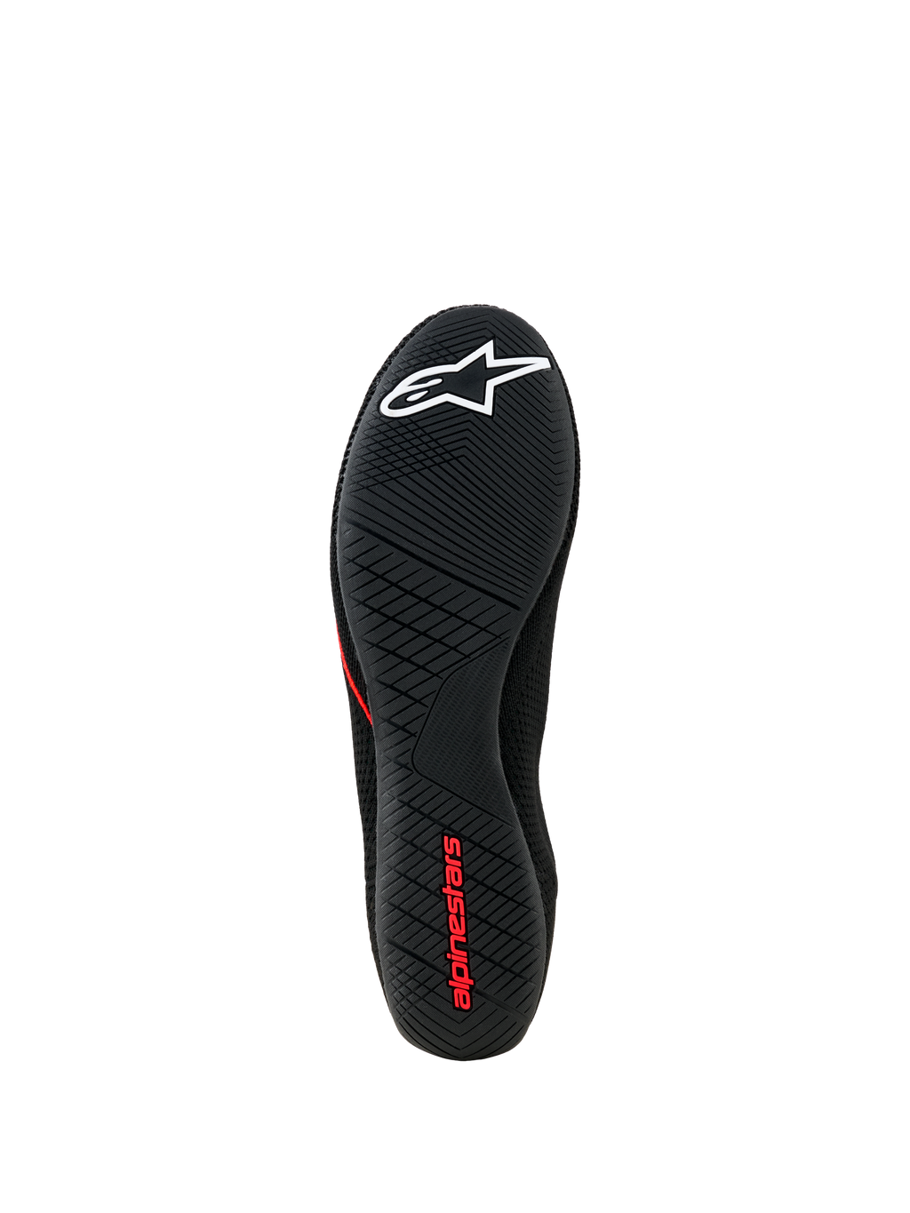 Alpinestars Tech Gaming Schoenen, onderaanzicht buitenzool, zwarte ultradunne rubberen zool met getextureerd grippatroon, wit ster-logo en rode Alpinestars-branding, SIM-raceschoeisel