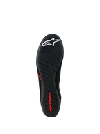 Alpinestars Tech Gaming Schoenen, onderaanzicht buitenzool, zwarte ultradunne rubberen zool met getextureerd grippatroon, wit ster-logo en rode Alpinestars-branding, SIM-raceschoeisel