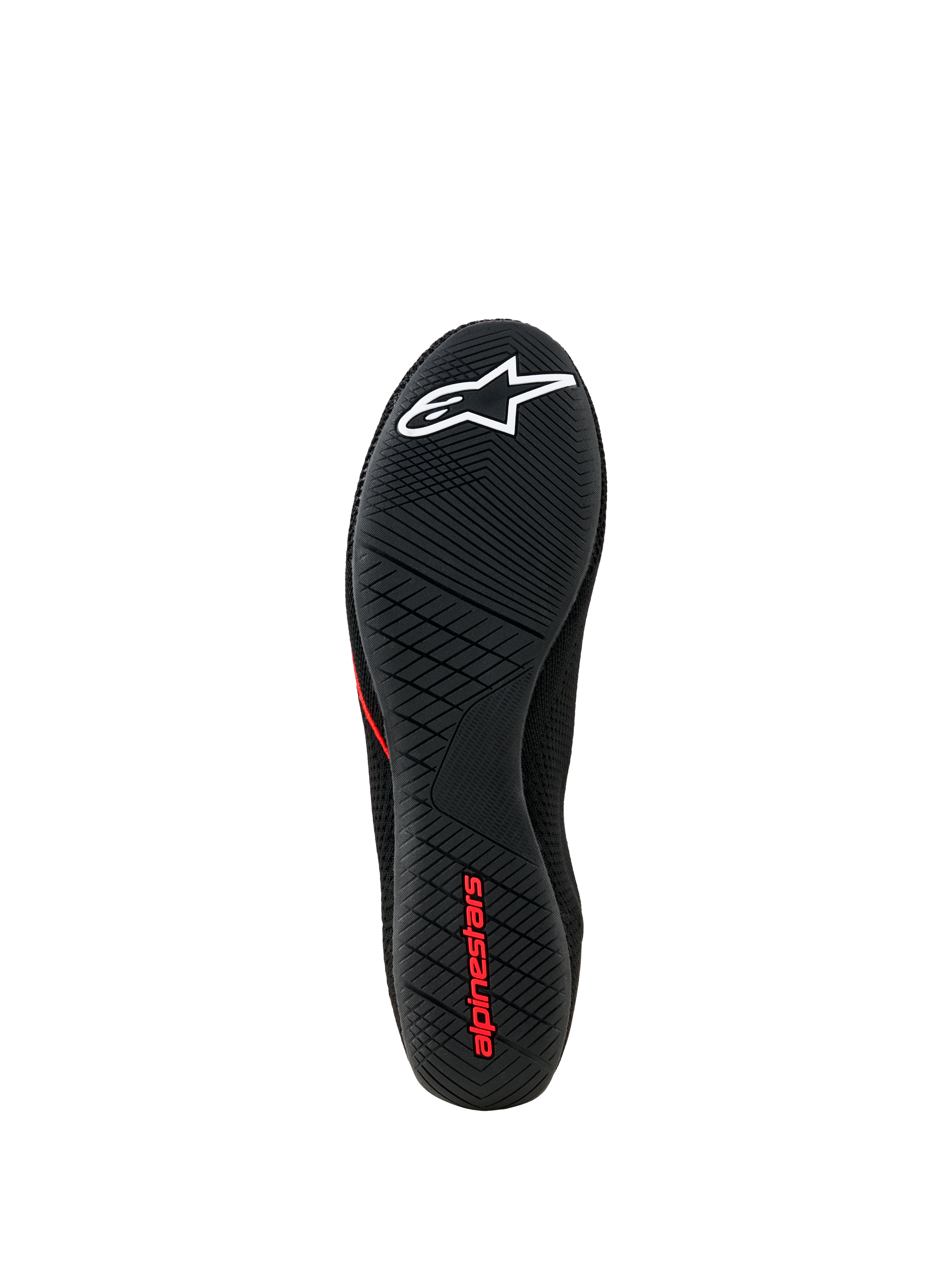 Alpinestars Tech Gaming Schoenen, onderaanzicht buitenzool, zwarte ultradunne rubberen zool met getextureerd grippatroon, wit ster-logo en rode Alpinestars-branding, SIM-raceschoeisel