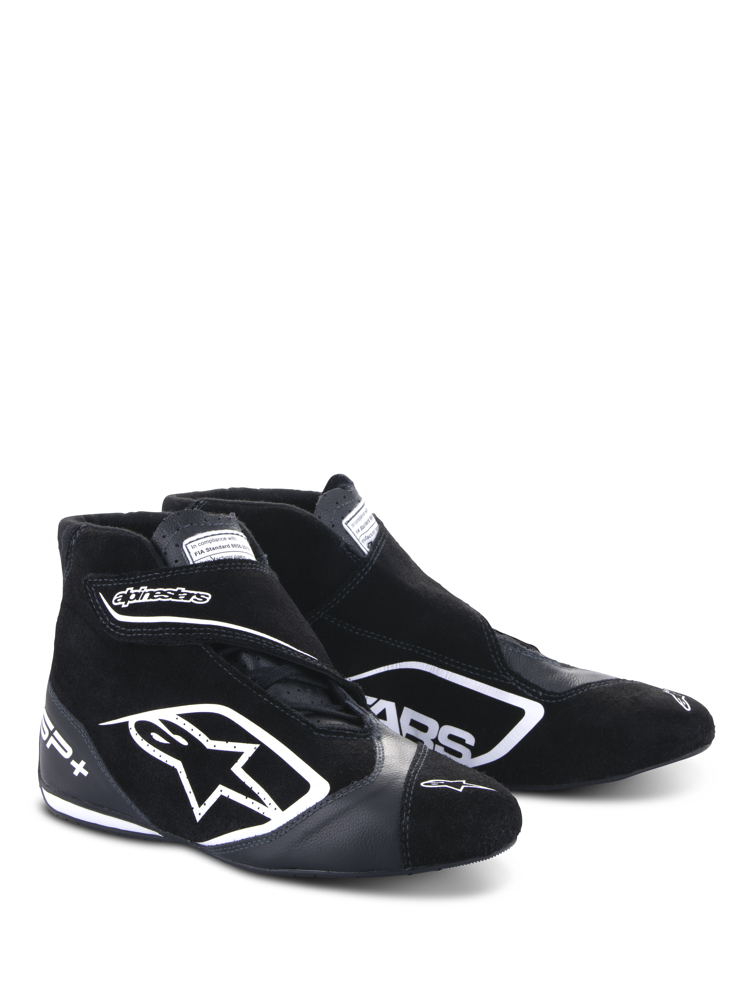 Alpinestars SP+ schoenen N, autoraceschoenen, zwart en wit, met een groot wit sterlogo, hoog model met enkelbandje, suède en leren constructie en een dunne prestatiezool