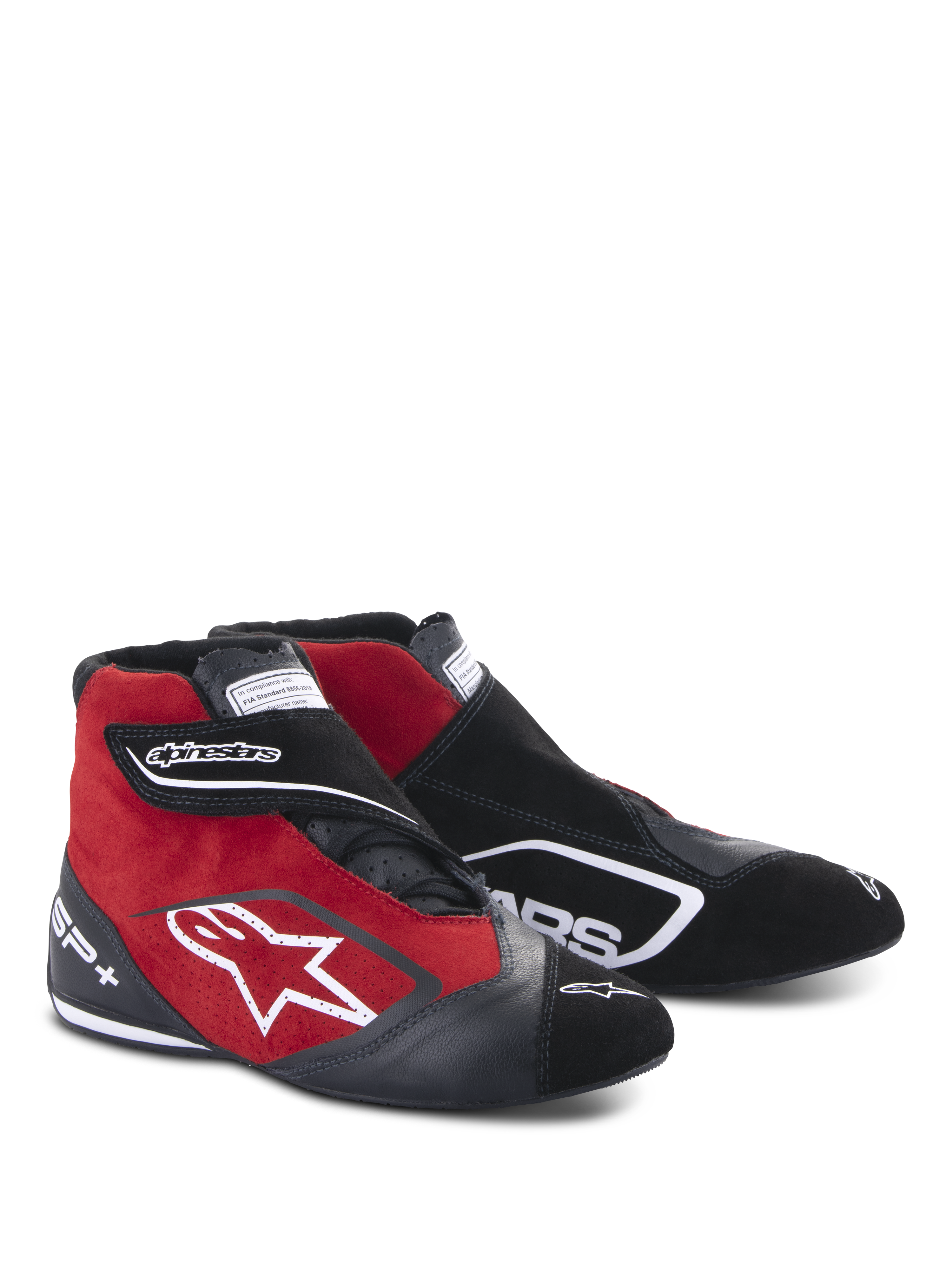 Alpinestars SP+ schoenen, hoge raceschoenen, zwart en rood, voorzien van een suède en lederen constructie, wit sterlogo op de zijkant, verstelbare klittenbandsluiting, professionele motorsportschoenen met enkelondersteuning