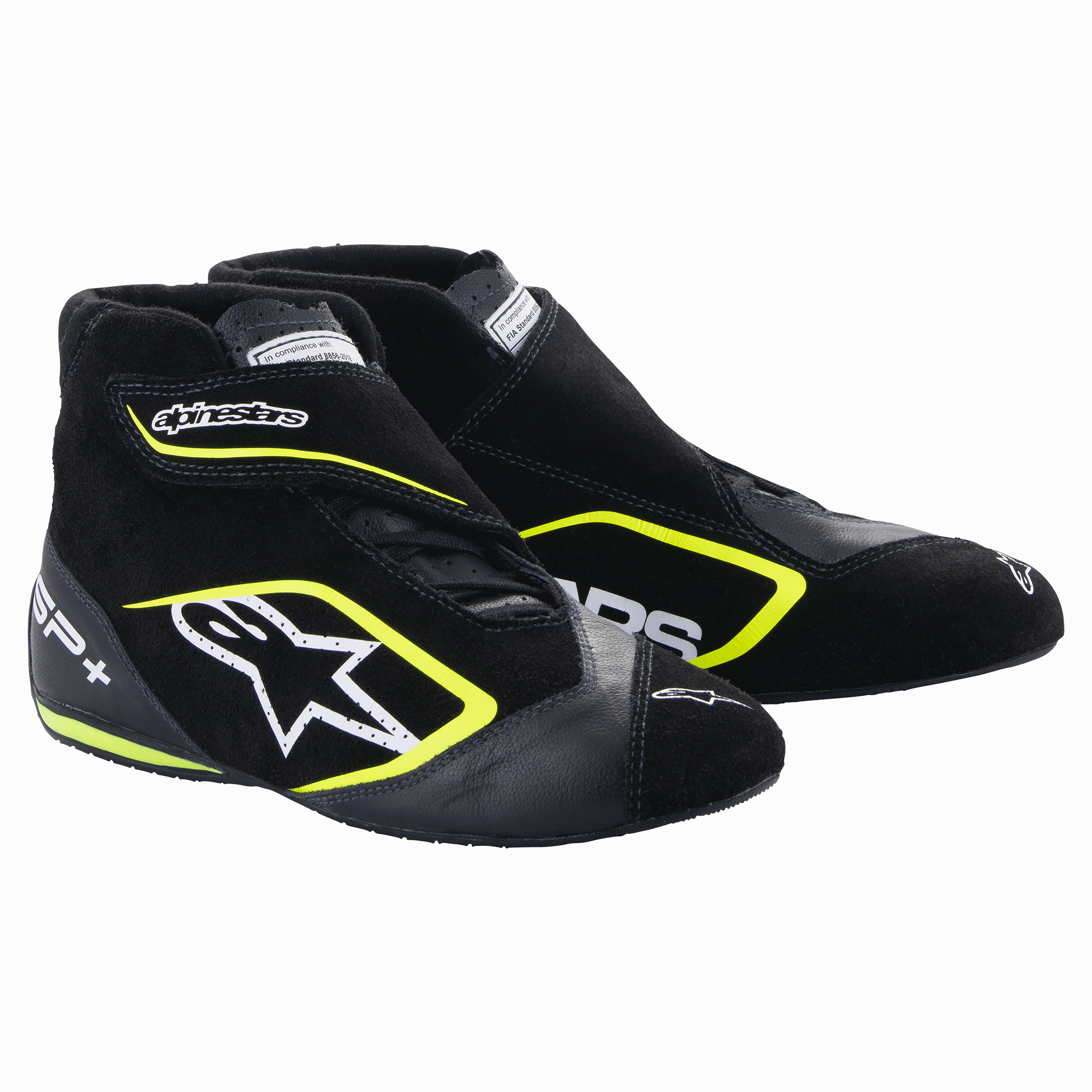 Alpinestars SP+ schoenen, autoraceschoenen, zwart en neongeel, hoog model met wit sterlogo en neongele accenten, constructie van leer en suède, dunne rubberen zolen geïnspireerd op de F1, sportieve motorsportuitstraling