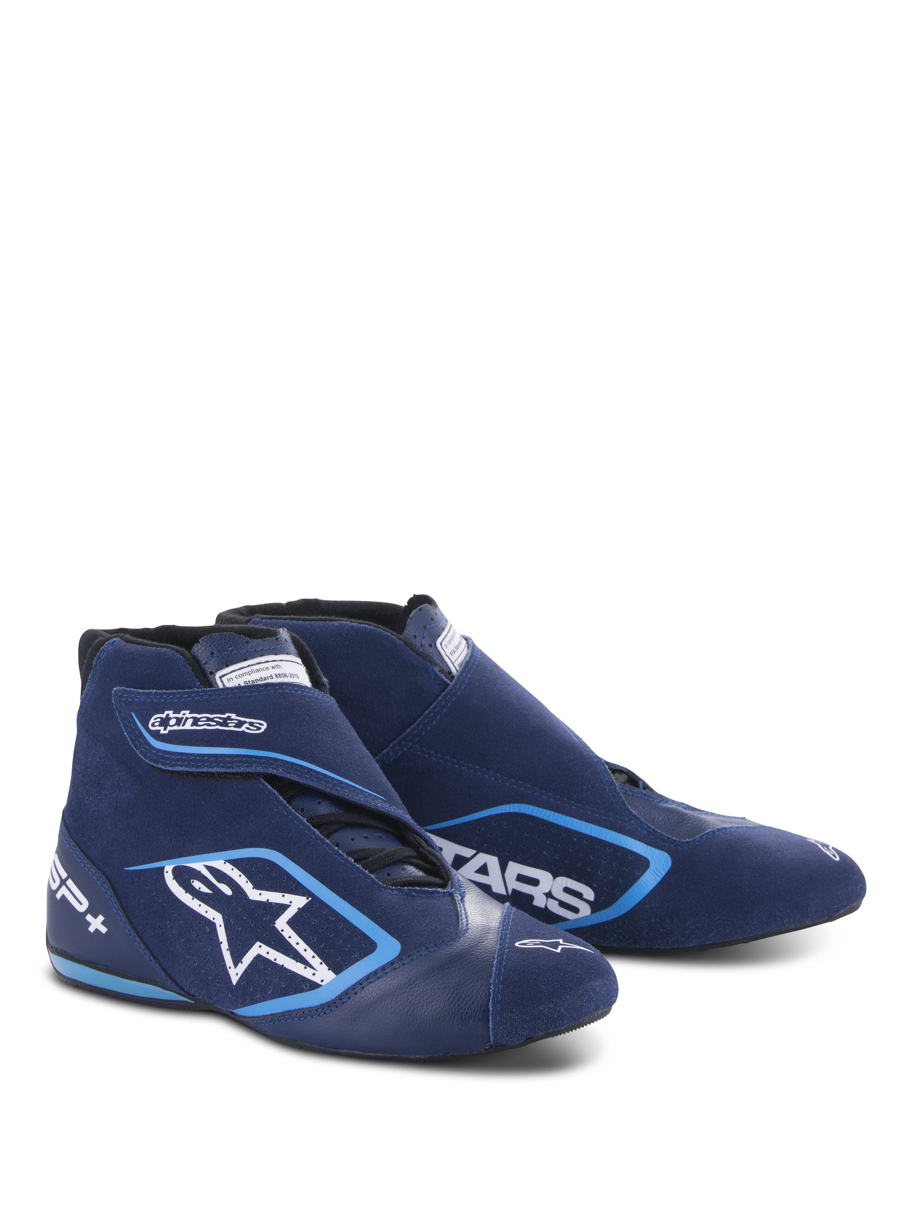 Alpinestars SP+ schoenen N, autoraceschoenen, ultramarijnblauw en lichtblauw, hoog model van suède en leer, met een groot wit sterlogo en SP+ branding, aerodynamische vorm voor professionele motorsport