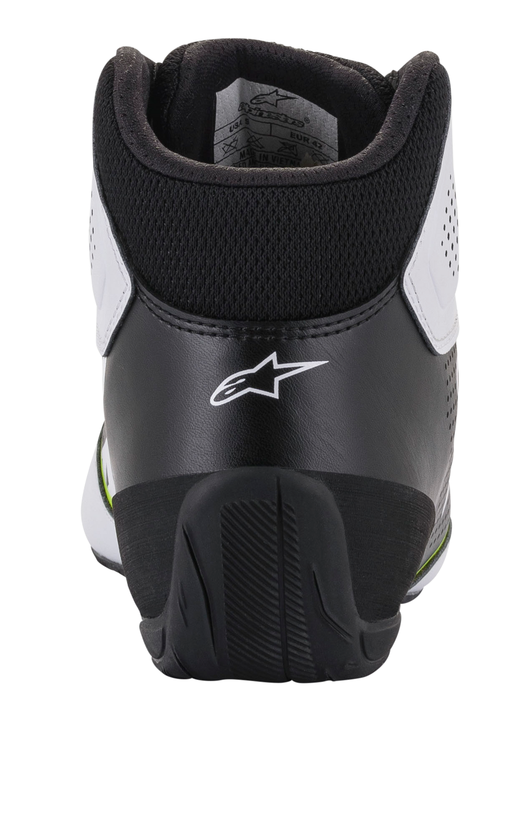 Alpinestars Tech-1 K Start V2 Shoes, Karting Shoes, White Black and Yellow Fluo, rear view showing ergonomic black heel counter with white star logo, padded collar, and durable rubber outsole for motorsport performance