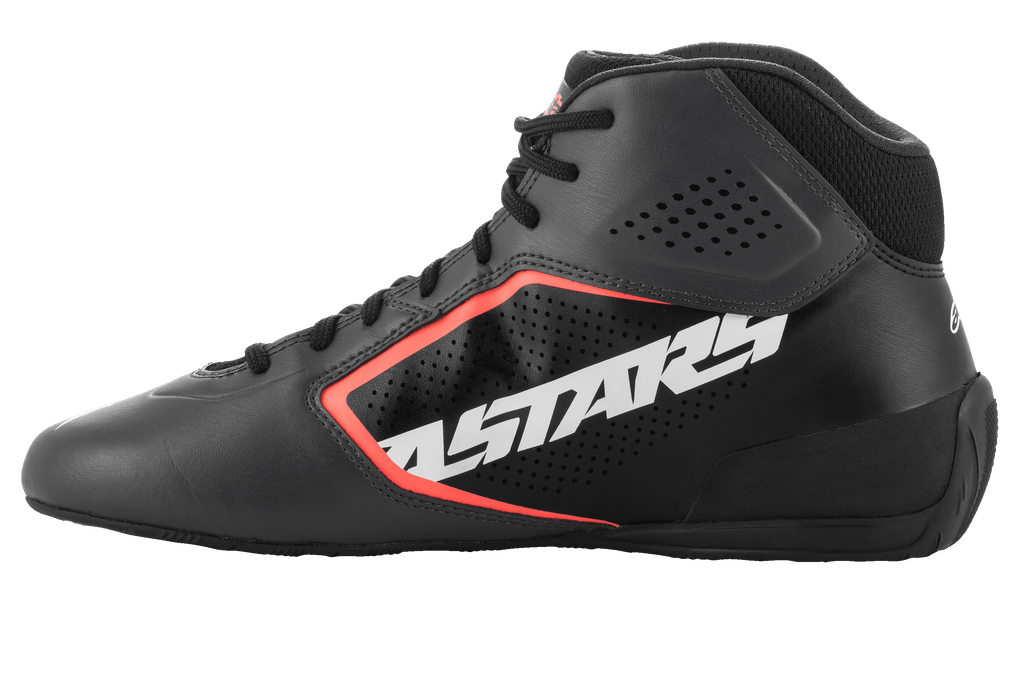 Alpinestars Tech-1 K Start V2 Shoes, Karting Shoes, Asphalt Black and Orange Fluo, side profile featuring large white ASTARS logo, perforated microfiber upper with orange fluorescent accents, sleek motorsport design