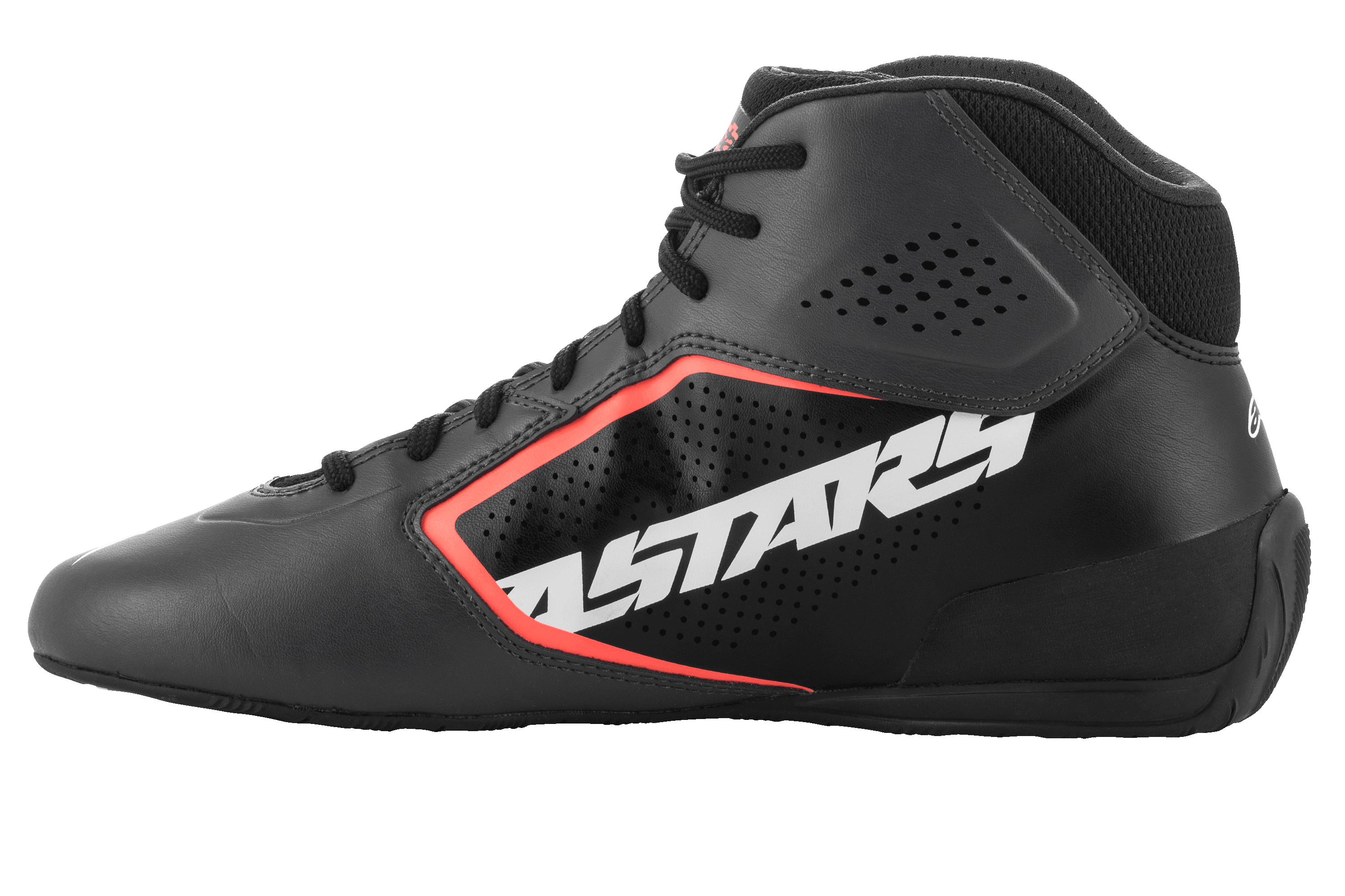 Alpinestars Tech-1 K Start V2 Shoes, Karting Shoes, Asphalt Black and Orange Fluo, side profile featuring large white ASTARS logo, perforated microfiber upper with orange fluorescent accents, sleek motorsport design