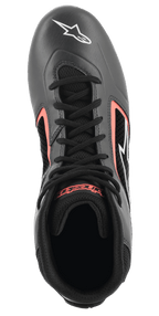 Alpinestars Tech-1 K Start V2 Shoes, Karting Shoes, Asphalt Black and Orange Fluo, top-down view, featuring black laces, white star logo on the toe, and breathable perforated panels with bright orange accents