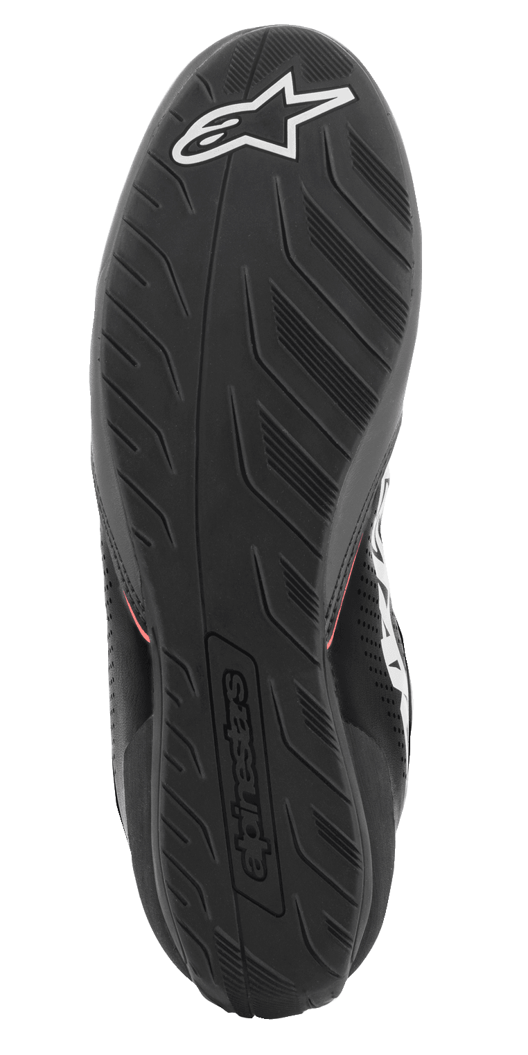 Alpinestars Tech-1 K Start V2 Shoes, Karting Shoes, Sole View, Black rubber with textured tread pattern, featuring white Alpinestars logo and embossed heel branding, designed for racing pedal grip