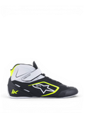 Alpinestars Tech-1 K V2 schoenen, heren kartschoenen, zwart, wit en geel fluo, lichtgewicht microvezel constructie met dubbel sluitsysteem, high-grip rubberen zool voor karting racing.