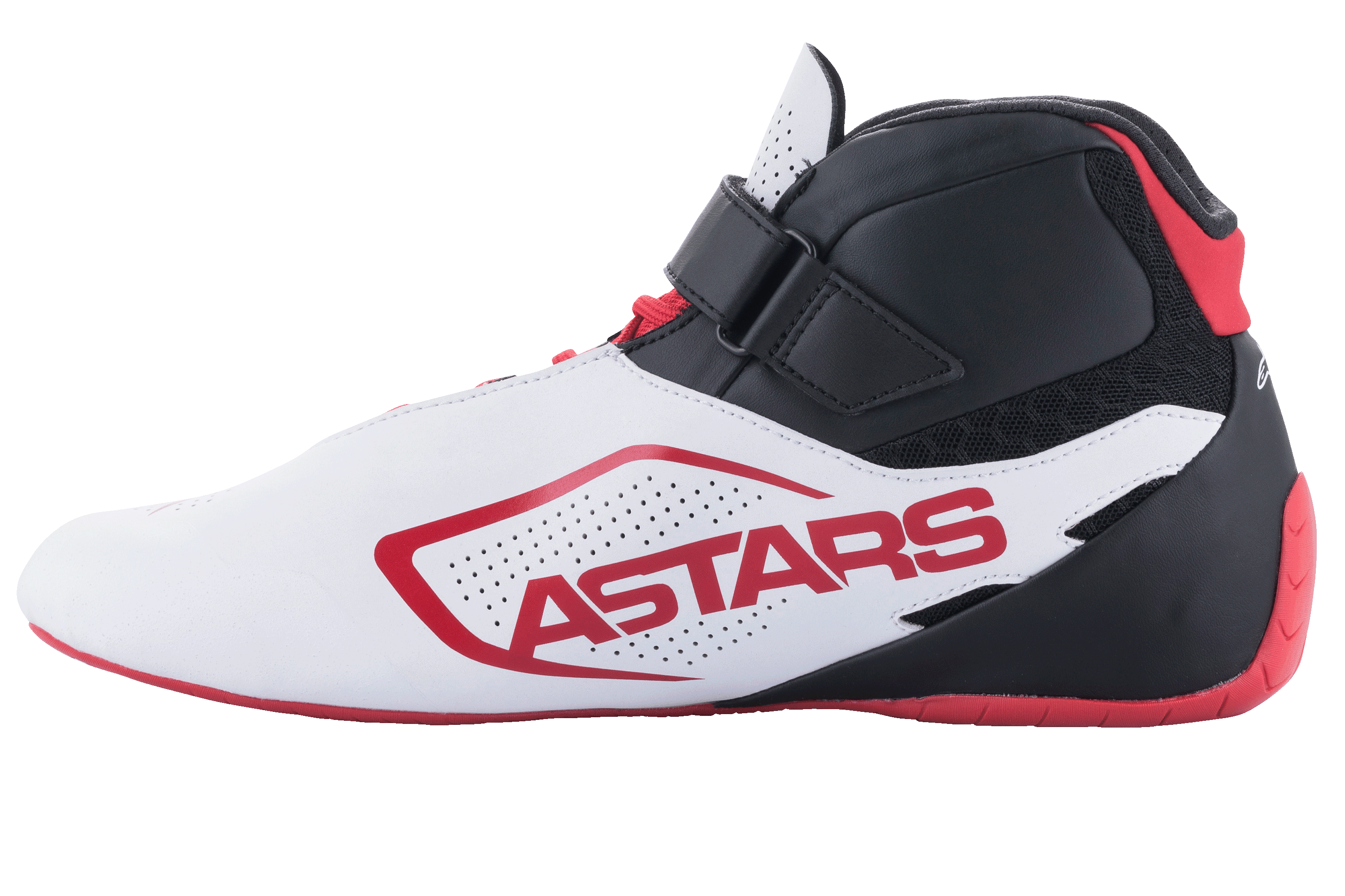 Alpinestars Tech-1 K V2 schoenen, kartschoenen, wit, zwart en rood, zijaanzicht met rode ASTARS-branding op een wit geperforeerd paneel, zwart bovenwerk met klittenbandsluiting en rode veters, dunne rode zool voor precisie tijdens het rijden