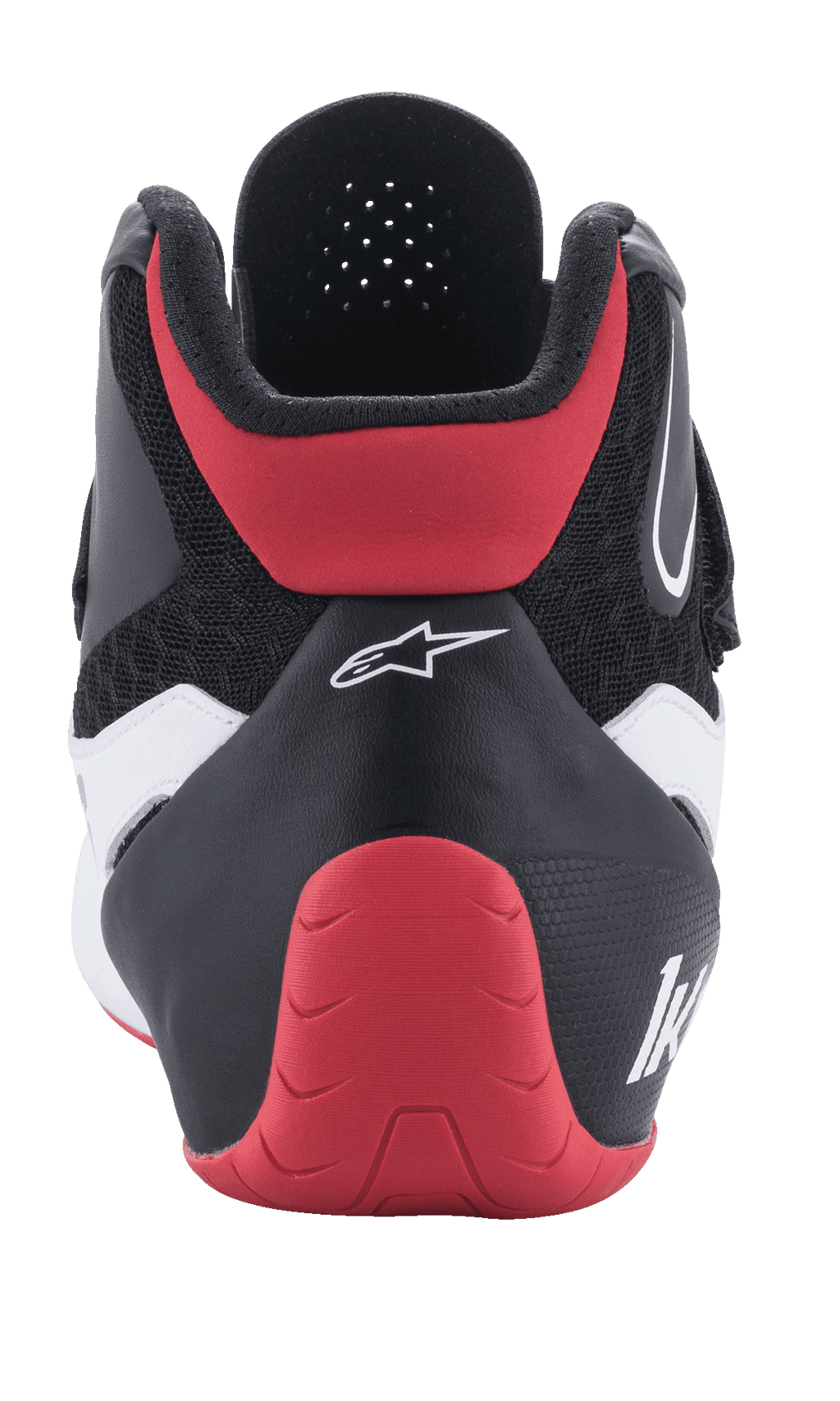 Alpinestars Tech-1 K V2 schoenen, kartschoenen, rood, zwart en wit, achteraanzicht, met een rode beschermende hielkap, zwart textiel bovenwerk met witte accenten en witte Alpinestars-branding.