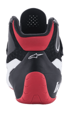 Alpinestars Tech-1 K V2 schoenen, kartschoenen, rood, zwart en wit, achteraanzicht, met een rode beschermende hielkap, zwart textiel bovenwerk met witte accenten en witte Alpinestars-branding.