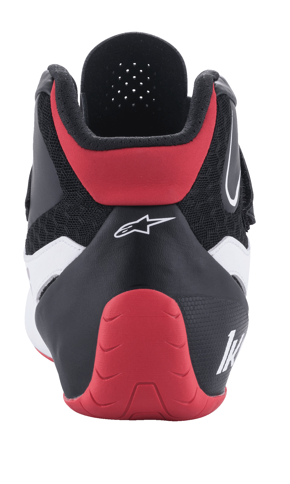 Alpinestars Tech-1 K V2 schoenen, kartschoenen, rood, zwart en wit, achteraanzicht, met een rode beschermende hielkap, zwart textiel bovenwerk met witte accenten en witte Alpinestars-branding.