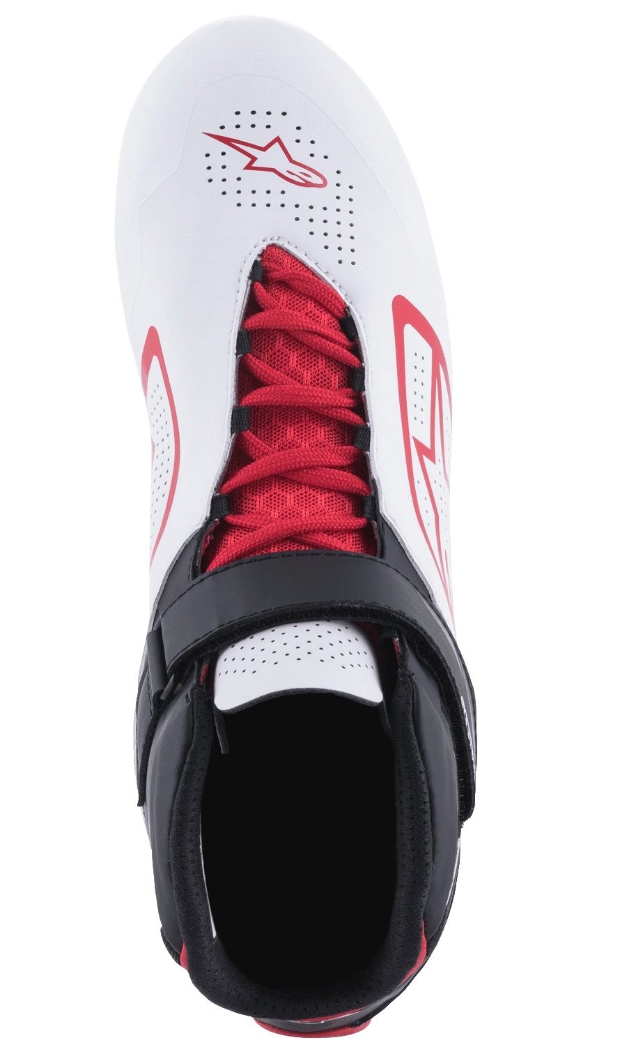 Alpinestars Tech-1 K V2 schoenen, kartschoenen, wit, zwart en rood, bovenaanzicht met rode veters en een zwarte klittenbandsluiting, geperforeerd wit bovenwerk met rode Alpinestars-logo's, ontworpen voor ademend vermogen en ondersteuning