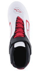 Alpinestars Tech-1 K V2 schoenen, kartschoenen, wit, zwart en rood, bovenaanzicht met rode veters en een zwarte klittenbandsluiting, geperforeerd wit bovenwerk met rode Alpinestars-logo's, ontworpen voor ademend vermogen en ondersteuning