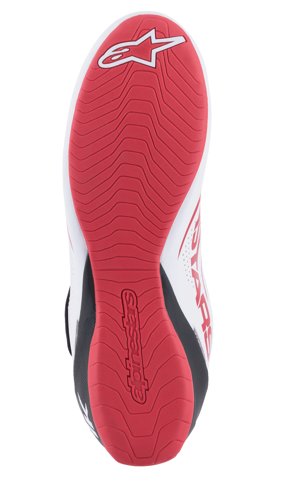 Alpinestars Tech-1 K V2 schoenen, kartschoenen, wit, zwart en rood, gedetailleerd onderaanzicht van de rode rubberen zool met textuur voorzien van het Alpinestars-logo en reliëfopdruk, ontworpen voor maximale grip en tactiel gevoel