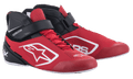Alpinestars Tech-1 K V2 kartschoenen, rood, zwart en wit, halfhoge raceschoenen met rode veters en zwarte klittenbandsluiting bij de enkel, geperforeerd microvezel bovenwerk met witte Alpinestars-logo's, ergonomisch ontwerp voor professioneel karten