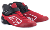 Alpinestars Tech-1 K V2 kartschoenen, rood, zwart en wit, halfhoge raceschoenen met rode veters en zwarte klittenbandsluiting bij de enkel, geperforeerd microvezel bovenwerk met witte Alpinestars-logo's, ergonomisch ontwerp voor professioneel karten