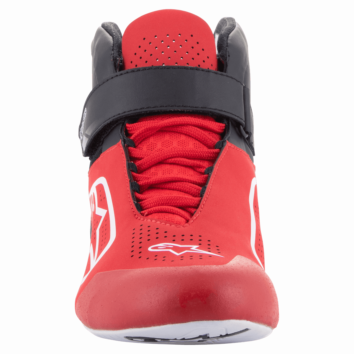 Alpinestars Tech-1 K V2 schoenen, kartschoenen, rood, zwart en wit, vooraanzicht met een zwarte klittenband enkelband en rode veters, geperforeerd rood bovenwerk met witte Astars-logo's, ergonomisch ontwerp voor kartracing