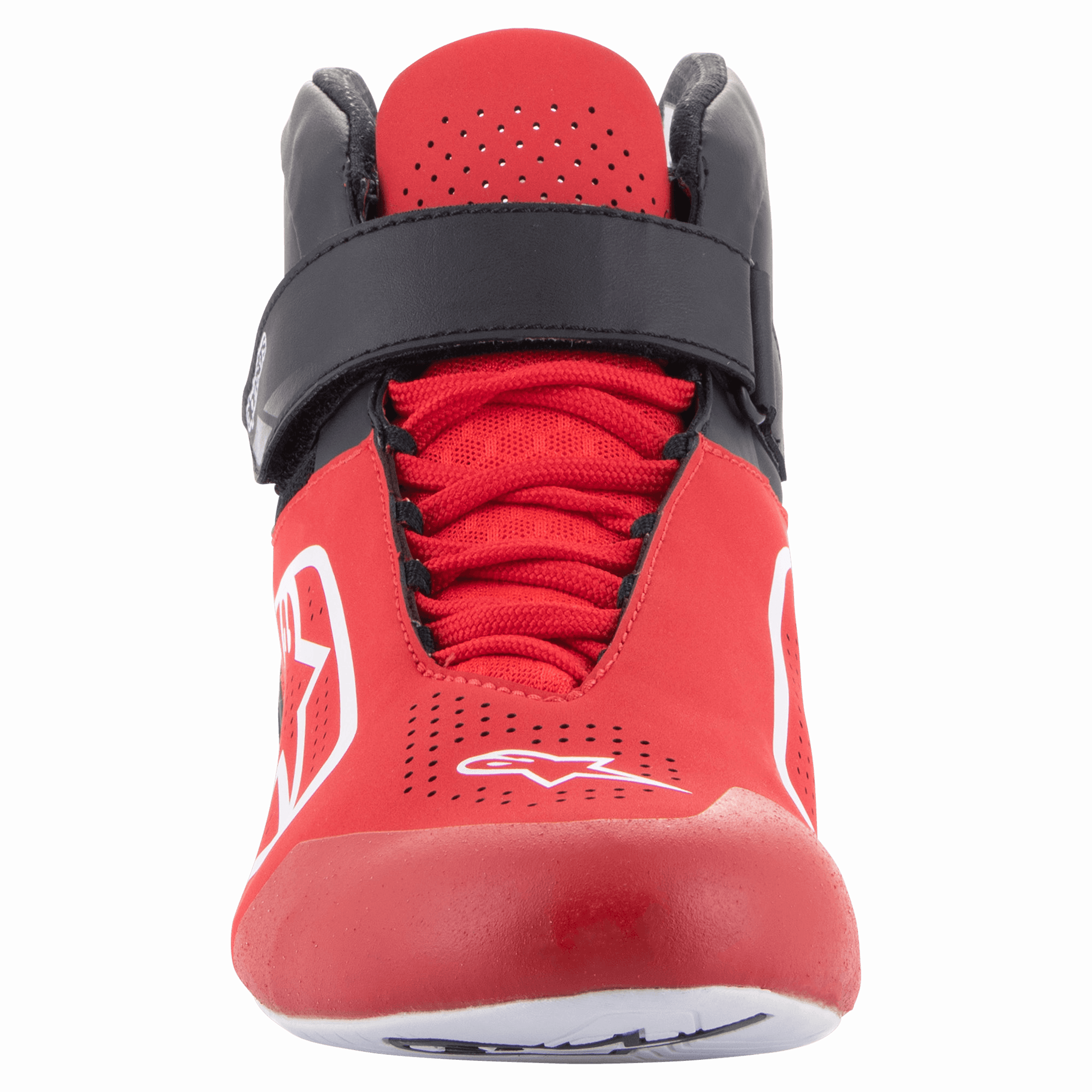 Alpinestars Tech-1 K V2 schoenen, kartschoenen, rood, zwart en wit, vooraanzicht met een zwarte klittenband enkelband en rode veters, geperforeerd rood bovenwerk met witte Astars-logo's, ergonomisch ontwerp voor kartracing