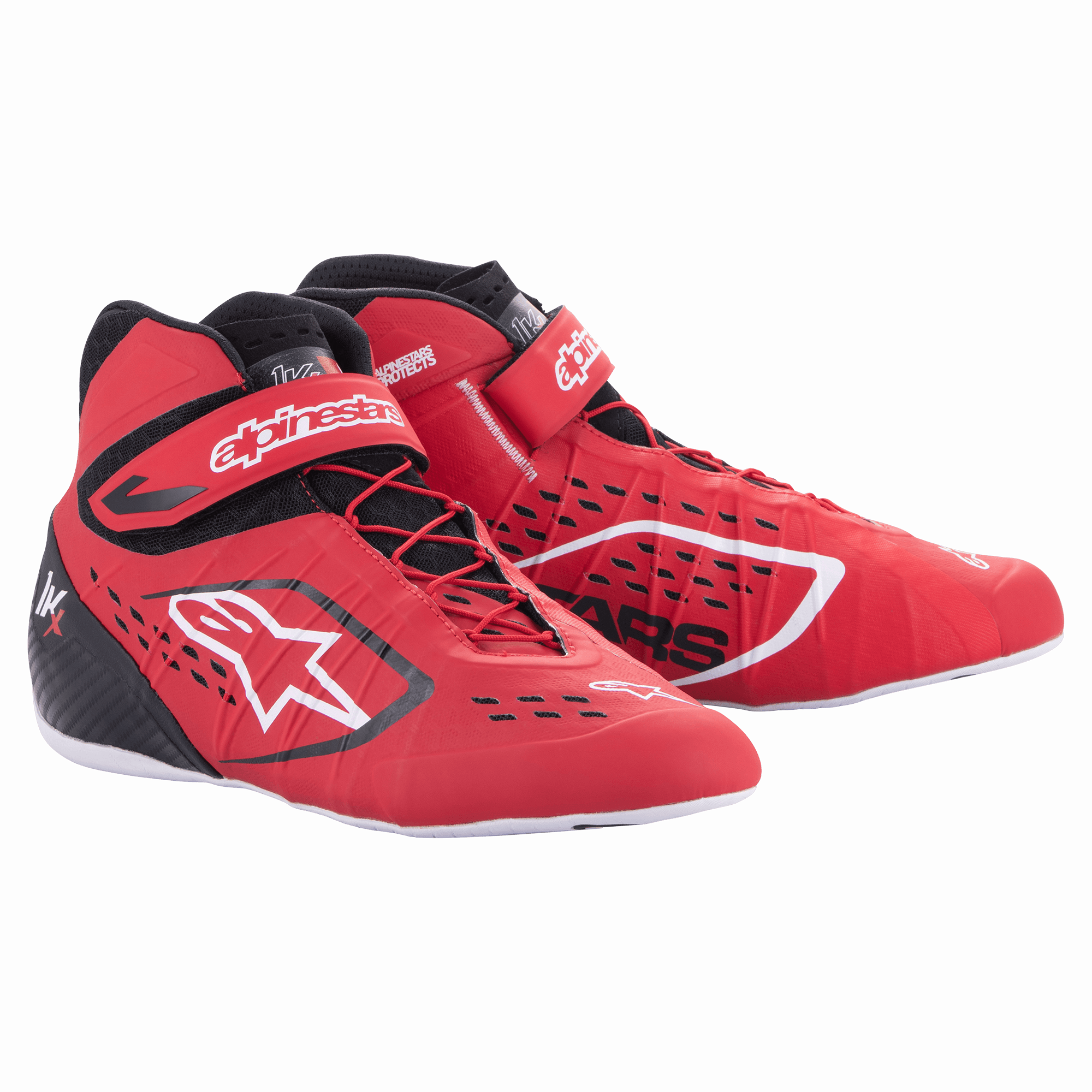 Alpinestars Tech-1 KX V2 schoenen, karting raceschoenen, rood, zwart en wit, hoge schacht met klittenbandsluiting, witte zool, ademende geperforeerde constructie, professioneel motorsport schoeisel
