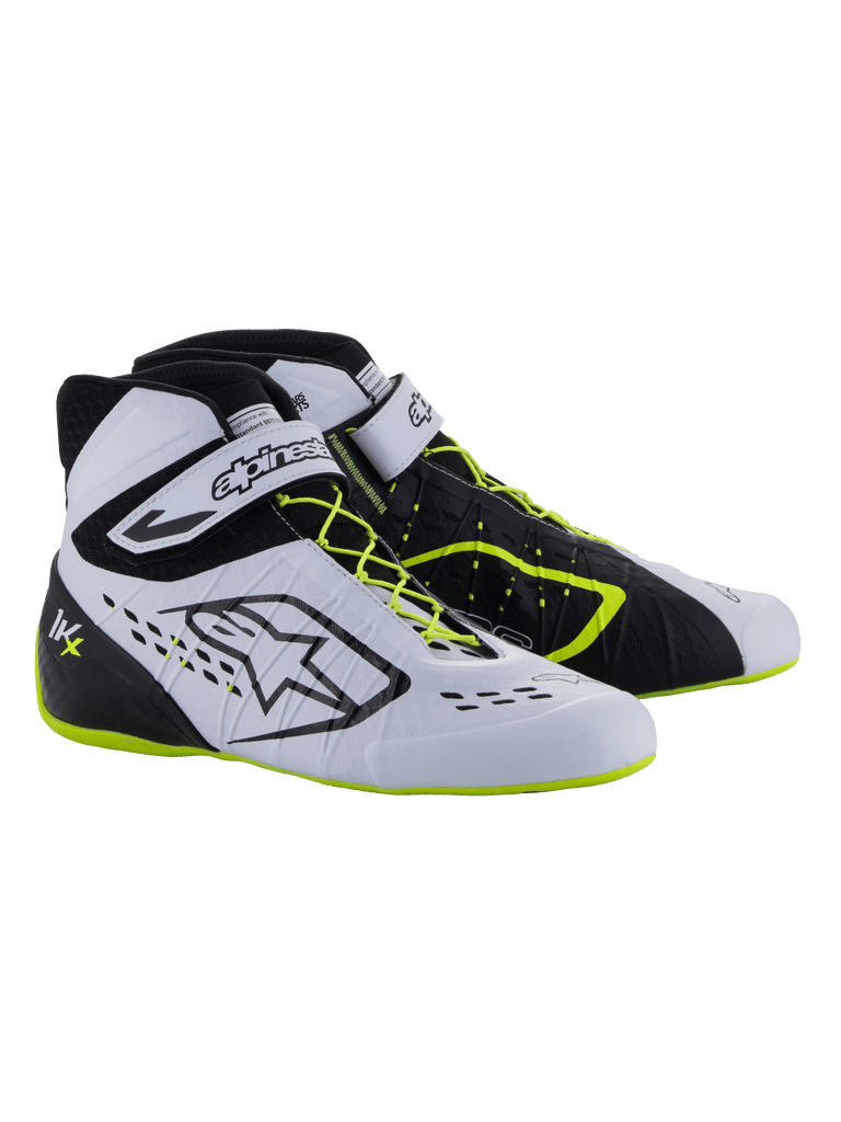 Alpinestars Tech-1 KX V3 Shoes - FIA, Karting Shoes, Black White and Yellow Fluo, high-performance racing footwear with asymmetric lacing, velcro ankle strap, neon yellow accents on the laces and sole, and breathable laser-cut panels