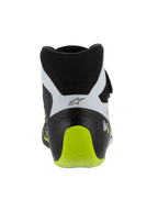 Alpinestars Tech-1 KX V3 Shoes, FIA Certified Karting Shoes, Black White and Yellow Fluo, Rear view showing the reinforced one-piece heel, bright fluo yellow accent, white paneling with black logo, technical motorsport footwear for track use.