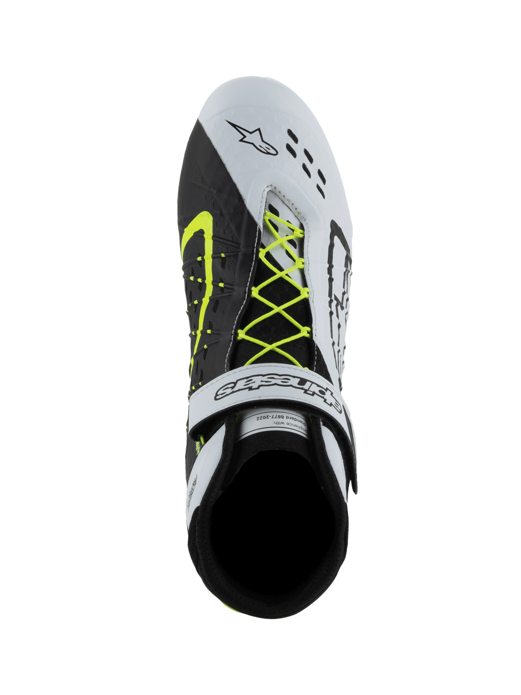 Alpinestars Tech-1 KX V3 Shoes, FIA Karting Shoes, Black White and Yellow Fluo, top-down view showing asymmetric neon yellow lacing system, white velcro ankle strap, and laser-cut perforations on the toe