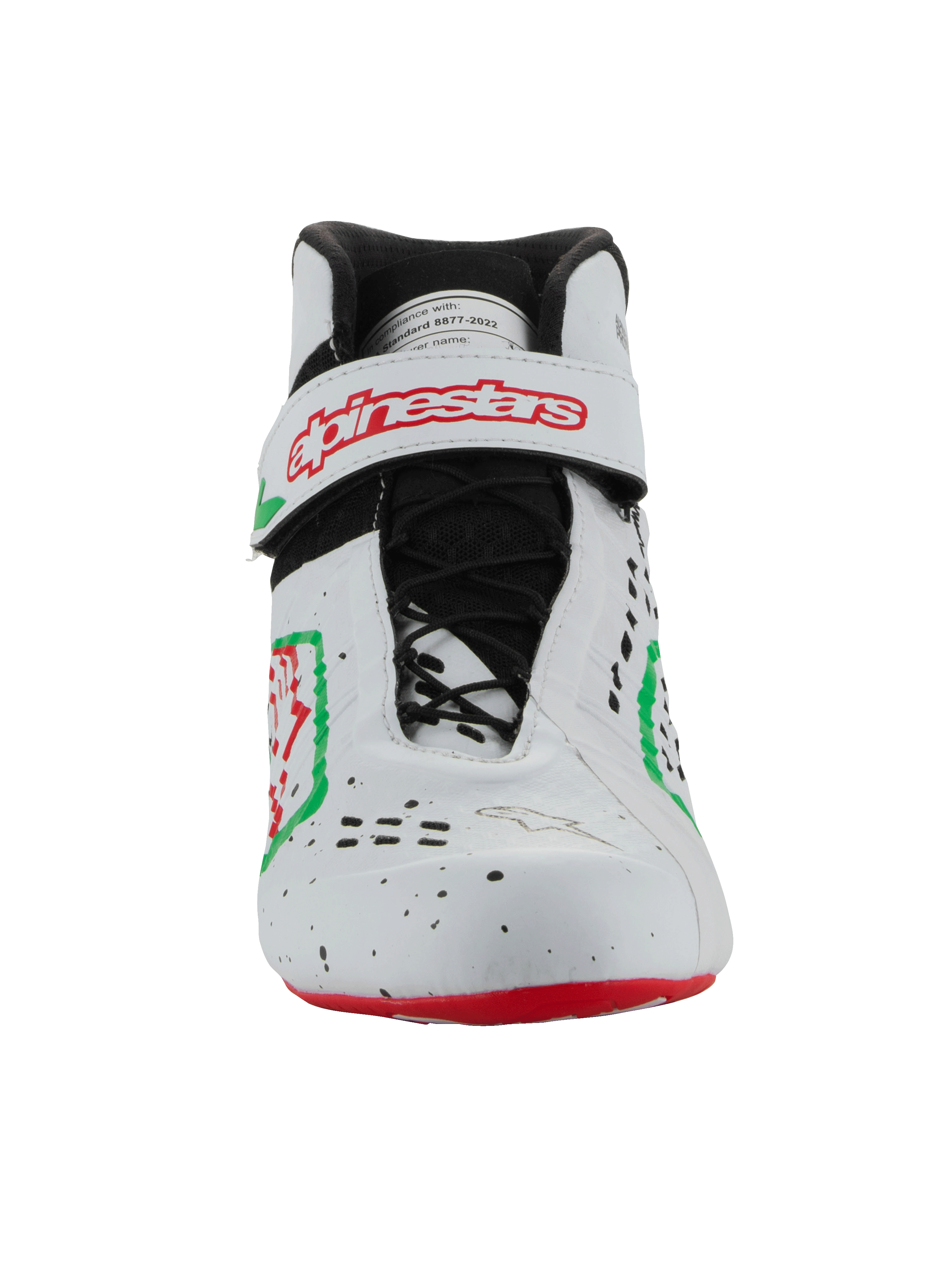 Alpinestars Tech-1 KX V3 Shoes - FIA, Karting Shoes, White Green and Red, front view featuring an asymmetric lacing system and a velcro strap with a red Alpinestars logo, sleek perforated design for motorsport.