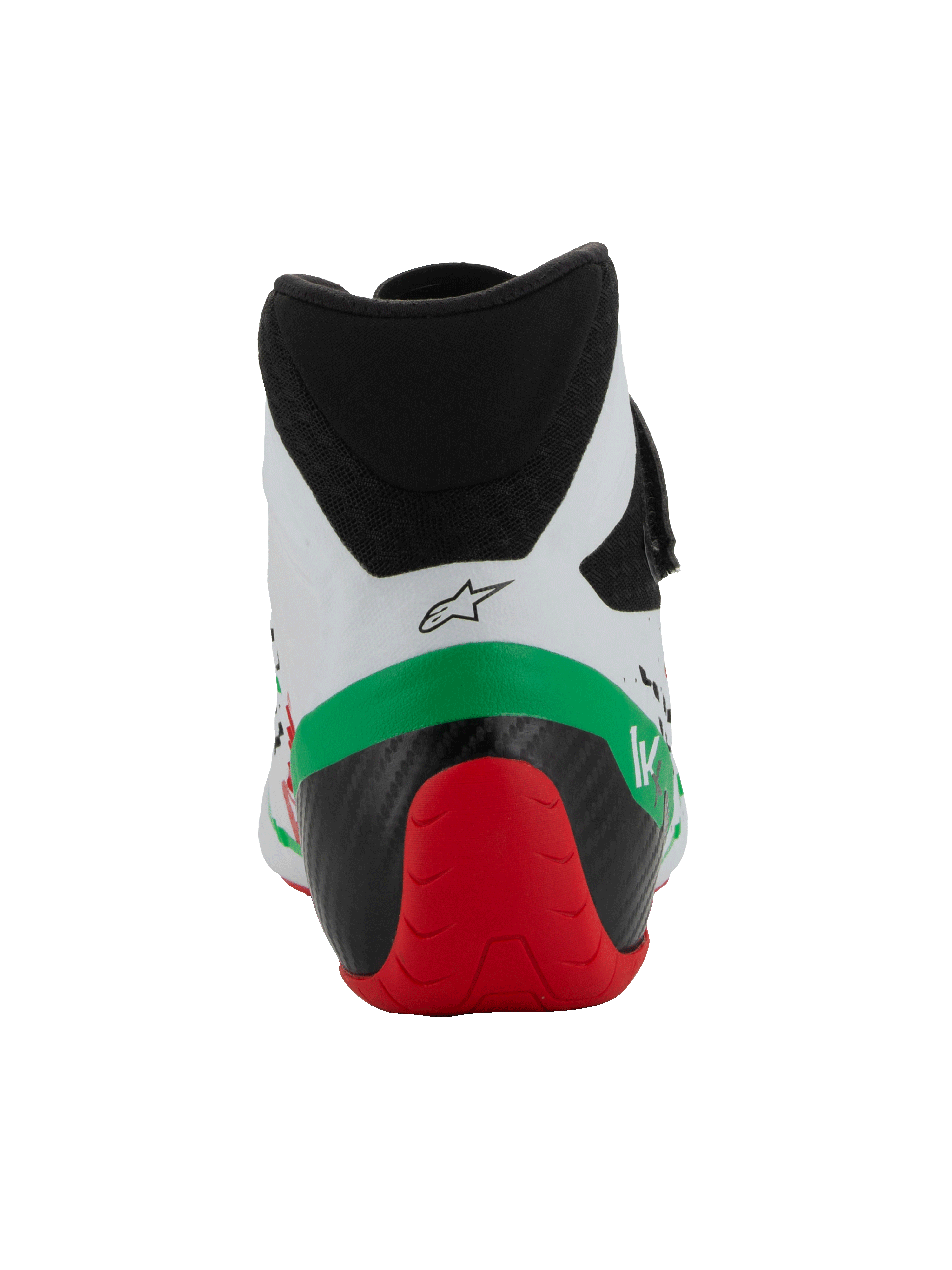 Alpinestars Tech-1 KX V3 Shoes - FIA, Karting Shoes, White Green and Red, rear view showing the low-cut microfiber collar, reinforced black and red heel structure, and Alpinestars logo.