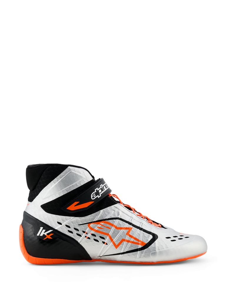 Alpinestars Tech-1 KX V3 Shoes, Karting Shoes, Silver Black and Fluo Orange, profile view featuring seamless thermo-welded construction, asymmetric orange lacing, bold orange Astar logo on the side, and thin fluo orange rubber sole
