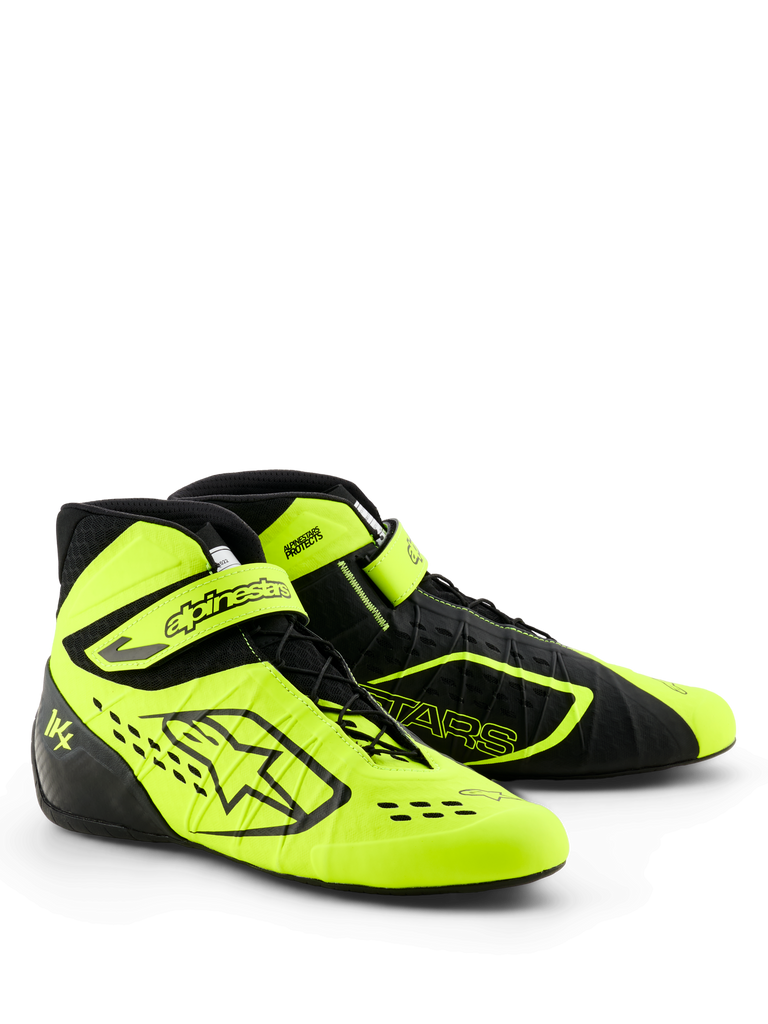 Alpinestars Tech-1 KX V3 Karting Shoes, Black and Yellow Fluo, sleek performance profile, asymmetric lacing with adjustable ankle strap, laser-cut perforations for breathability, lightweight thermo-welded construction, FIA 8877-2022 certified motorsport footwear