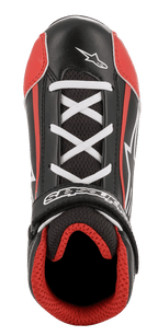 Alpinestars Youth Tech-1 K Shoes, Karting Shoes, Black White and Red, top-down view showing white cross-laces, black hook-and-loop strap with logo, red 3D mesh lining, durable microfiber and mesh construction