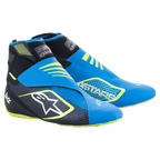 Alpinestars Tech-1 KZ V2 kartingschoenen, blauw, zwart en fluogeel, met een naadloos gebreid bovenwerk, dubbele enkelbandsluiting, groot wit sterlogo op de zijkant, slank lichtgewicht ontwerp voor de motorsport
