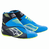 Alpinestars Tech-1 KZ V2 kartingschoenen, blauw, zwart en fluogeel, met een naadloos gebreid bovenwerk, dubbele enkelbandsluiting, groot wit sterlogo op de zijkant, slank lichtgewicht ontwerp voor de motorsport