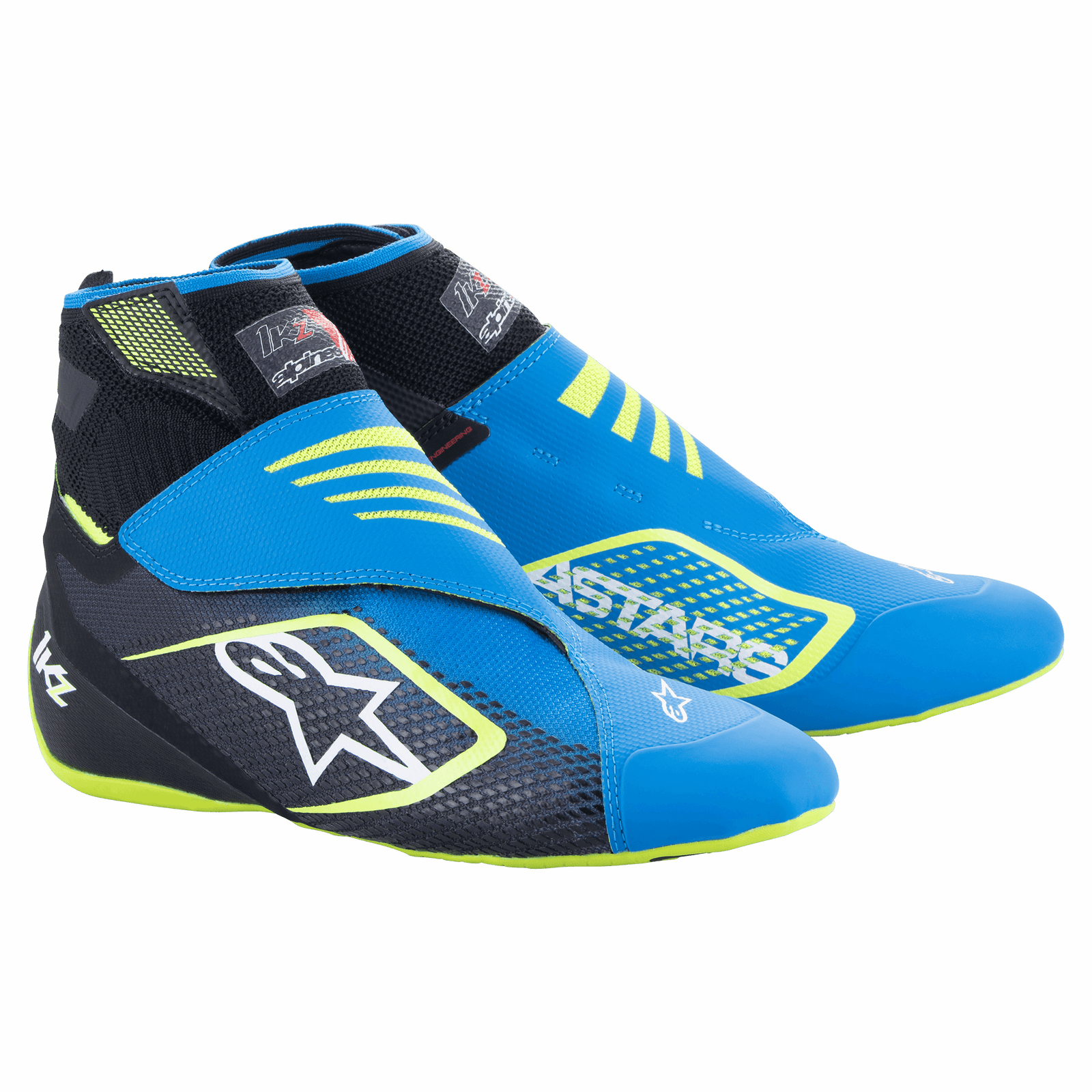 Alpinestars Tech-1 KZ V2 kartingschoenen, blauw, zwart en fluogeel, met een naadloos gebreid bovenwerk, dubbele enkelbandsluiting, groot wit sterlogo op de zijkant, slank lichtgewicht ontwerp voor de motorsport