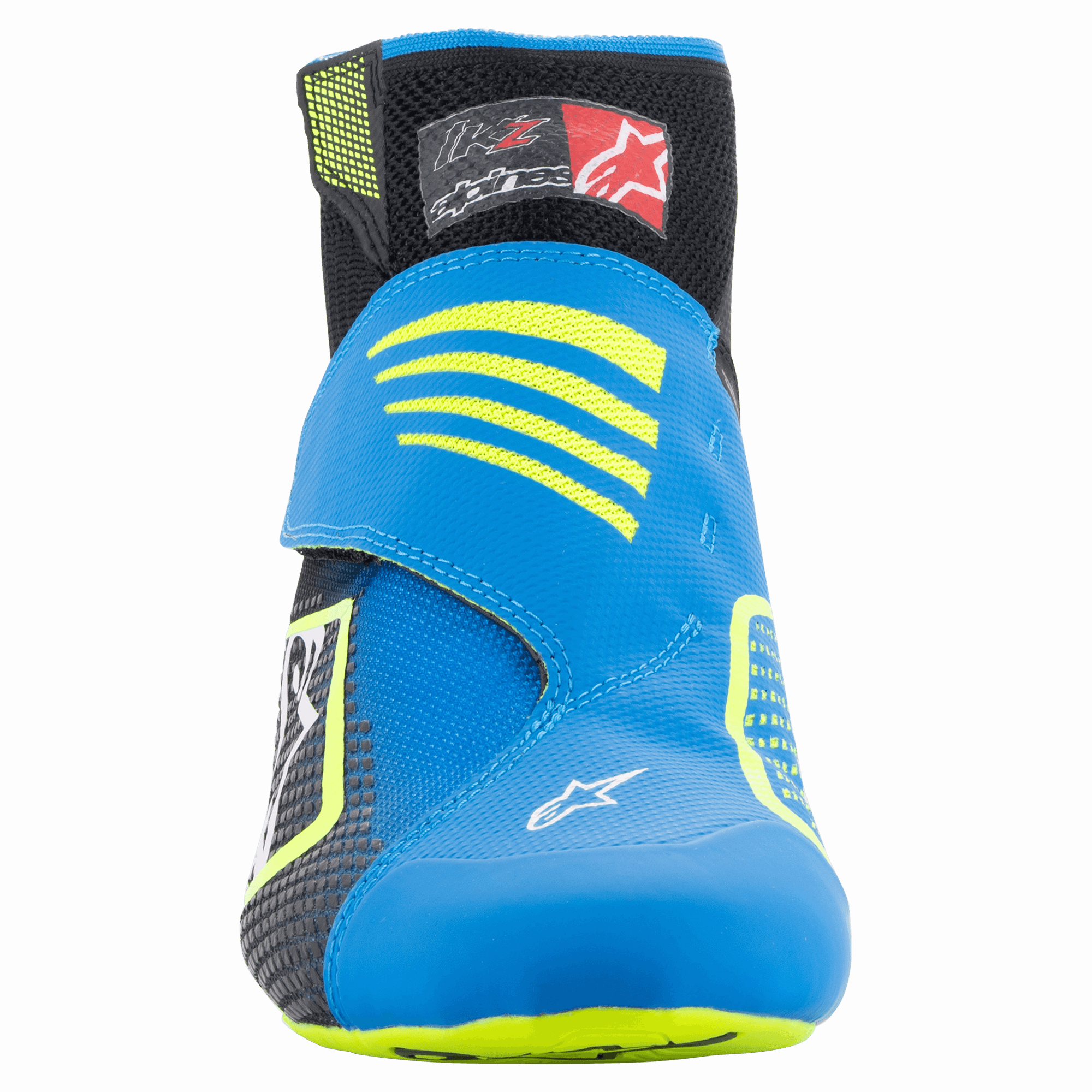 Alpinestars Tech-1 KZ V2 schoenen, karting schoenen, Black Enamel Blue en Yellow Fluo, vooraanzicht met het naadloze gebreide bovenwerk, opvallende blauwe band met gele accenten en zwarte enkelkraag.