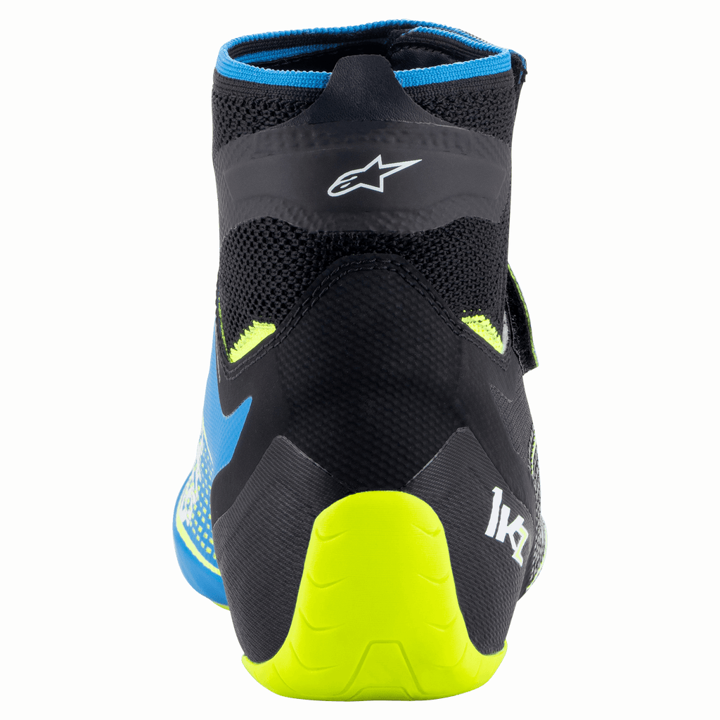 Alpinestars Tech-1 KZ V2 Schoenen, kartschoenen, zwart, enamel blauw en fluogeel, achteraanzicht met de gebreide bovenconstructie, Alpinestars-logo en felgele fluo hielsteun